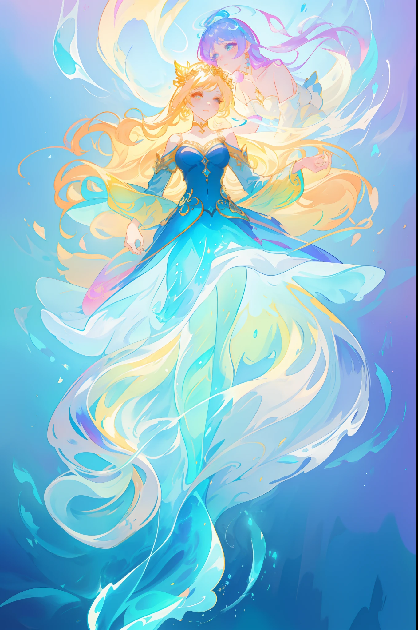 beautiful anime girl in long sleeve princess ballgown made of liquid, vibrant pastel colors, (colorful), glowing golden long hair, magical lights, sparkling liquid light, inspired by Glen Keane, inspired by Lois van Baarle, disney art style, by Lois van Baarle, glowing aura around her, by Glen Keane, jen bartel, glowing lights! digital painting, flowing glowing hair, glowing flowing hair, beautiful digital illustration, fantasia background, whimsical, magical, fantasy, ((beautiful face)), ((masterpiece, best quality)), intricate details, highly detailed, sharp focus, 8k resolution, sparkling detailed eyes, liquid watercolor