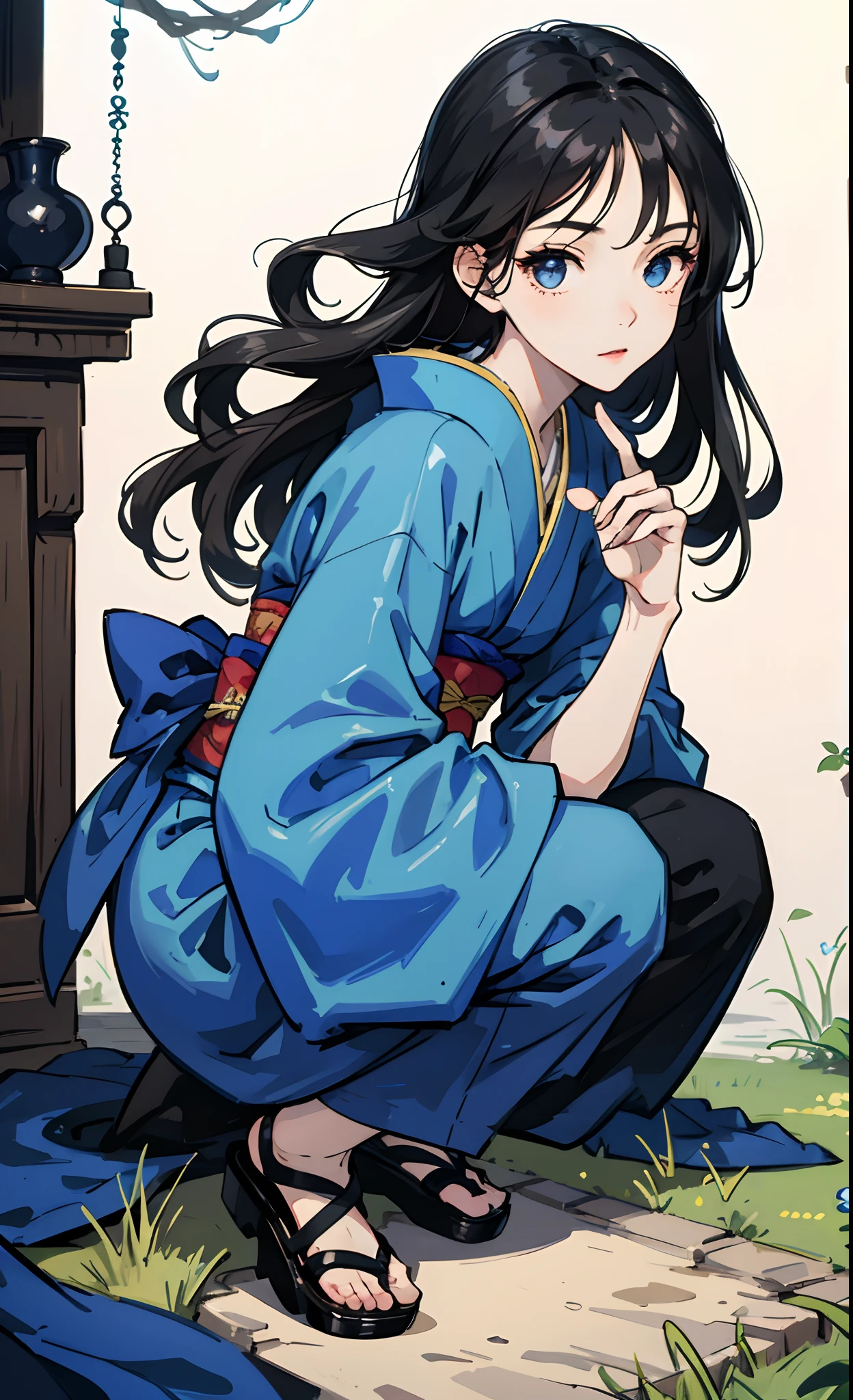 Long black hair、quaint、bewitching、-faceh-level image quality、Blue kimono、realisitic