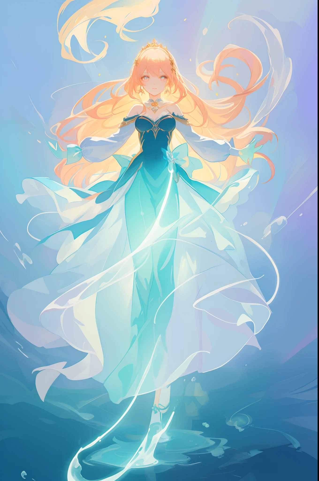 beautiful anime girl in long sleeve princess ballgown made of liquid, vibrant pastel colors, (colorful), glowing golden long hair, magical lights, sparkling liquid light, inspired by Glen Keane, inspired by Lois van Baarle, disney art style, by Lois van Baarle, glowing aura around her, by Glen Keane, jen bartel, glowing lights! digital painting, flowing glowing hair, glowing flowing hair, beautiful digital illustration, fantasia background, whimsical, magical, fantasy, ((beautiful face)), ((masterpiece, best quality)), intricate details, highly detailed, sharp focus, 8k resolution, sparkling detailed eyes, liquid watercolor