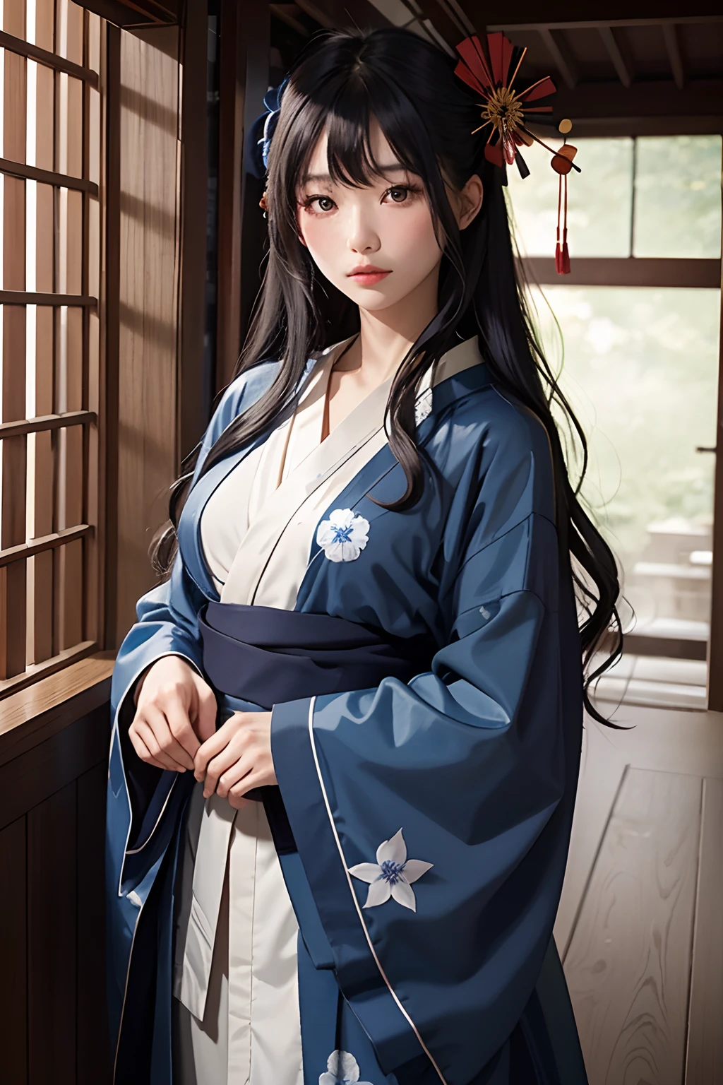 masutepiece, Dark blue long-haired beauty, Absolutely beautiful, Hair Accessories, Wear a simple yukata,bathrobe, red kimono, long eyelashes, Withered petals, Beautiful, Charming, Perfect, superclear, hard disk, Kyoto background, Solo, 1girl in、jpn、