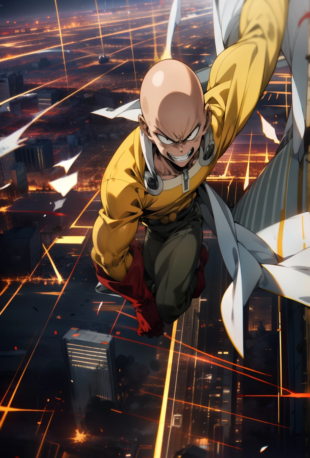 masterpiece, best quality, 1boy, (saitama), blad head, yellow clothe, black eyes, red gloves, red boots, standing, smiling, evil smile, angry face, aura power, night, natural light, jumping, angry eyes, evil smiling, male focus, strong muscles, movie composition, flying, bokeh, (futuristic), (full body), city view, flying above the city, scary look, godly strenght, yellow emergy around him