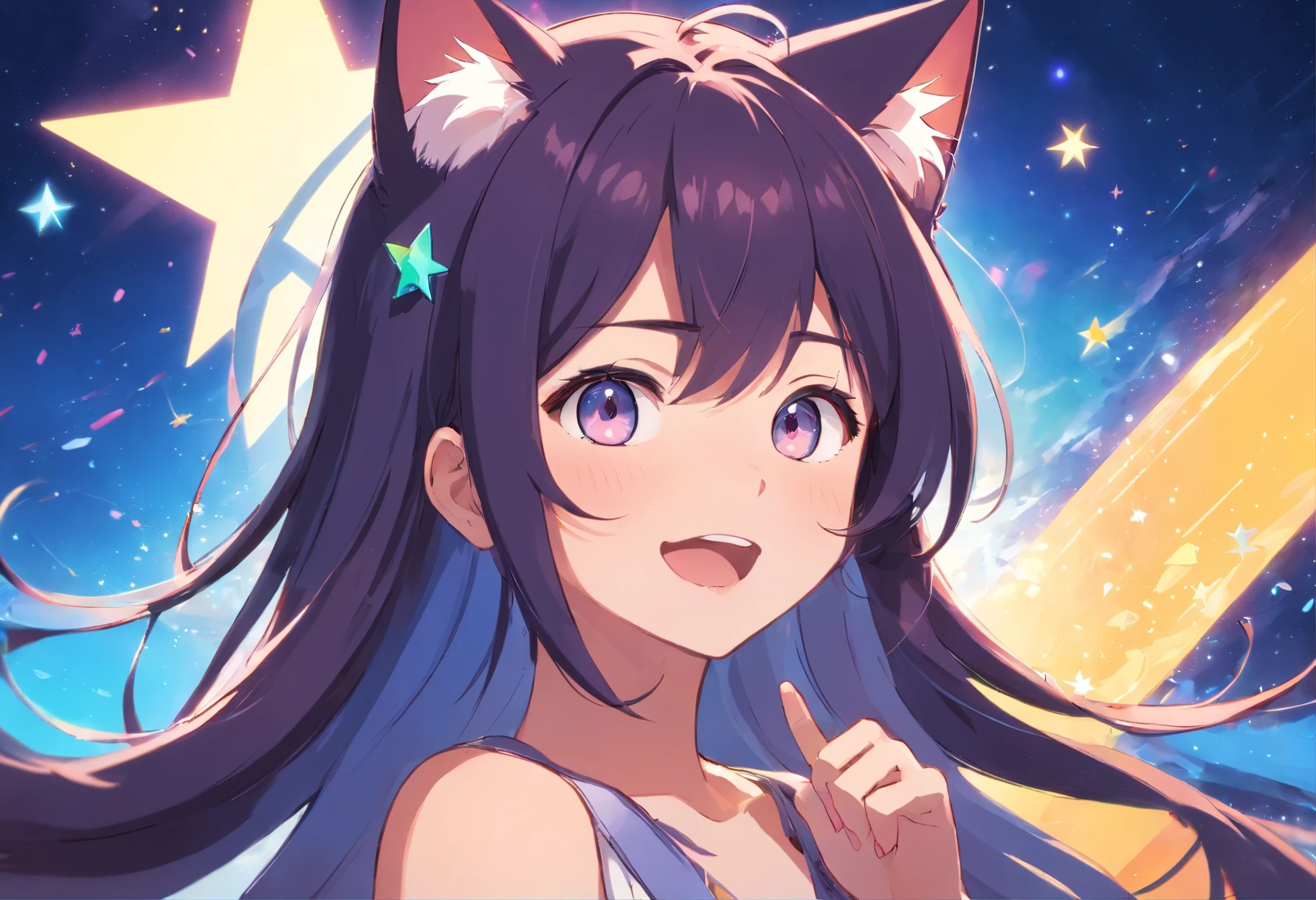 (masutepiece, Best Quality), ((1girl in, (maturefemale) Long hair), (star-shaped pupils,  +_+, symbol-shaped pupils, Sparkling eyes), (Cat ears, open open mouth)), (Looking at Viewer, lightsmile, off shoulders), (Abstract, multicolored background, Abstract background, chromatic abberation),
