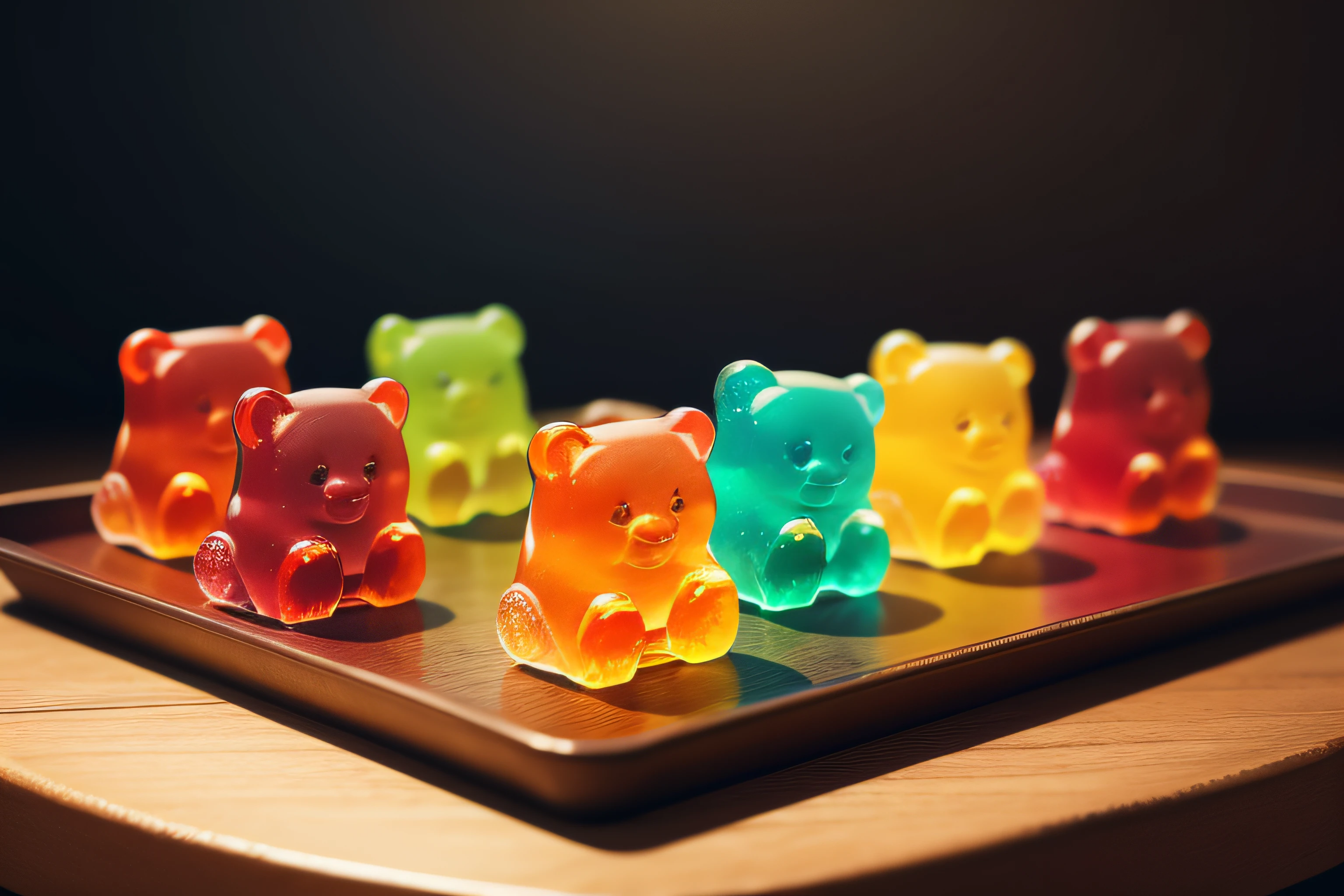 gummy bears of different colors on a tray, blurred background, detailed, realistic, food photo, 8k, high quality.