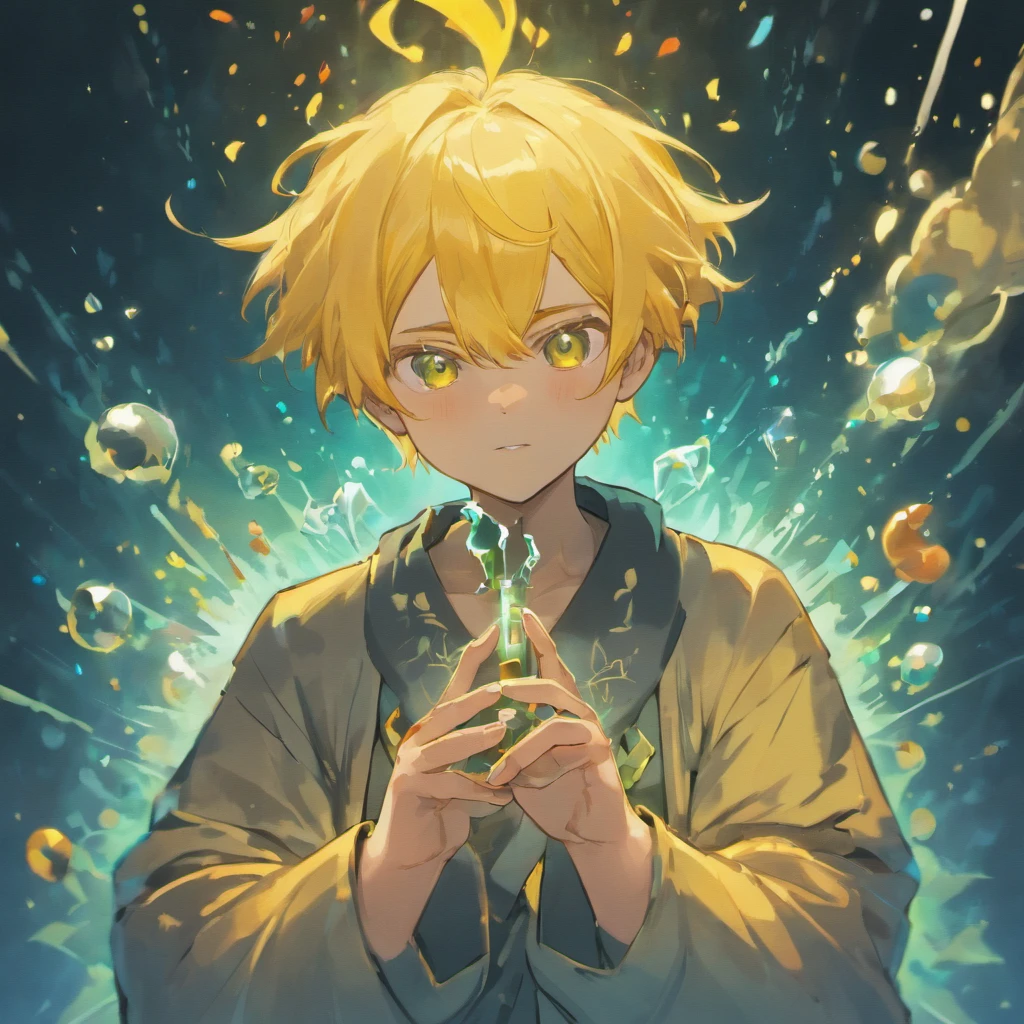 pixelart alquimista tons_homem branco, barba, sem cabelo, Holding Potion Smoke_amarelo escuro bonito moderno