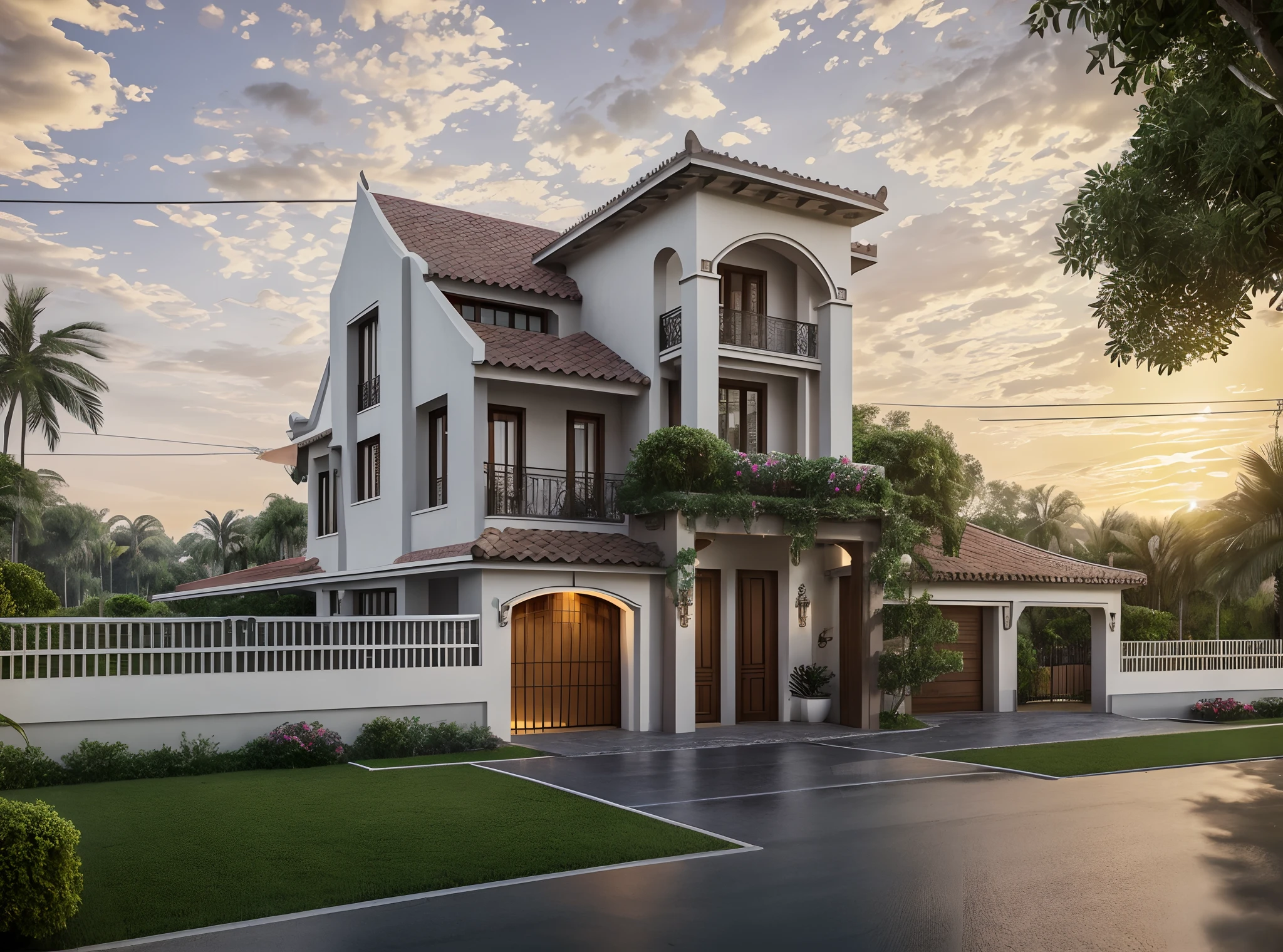 Realistic, high-quality image, details, shaped image, forcus, beautiful house, classic villa, street house, 3 stories, sloppy roof, ceramic tiles on roof, large windows, french style,  Indochina architecture, 1930, Ernest Hébrard architect, wooden gate, fence with stell patterns, daylighting, beautiful sunset, trees, lighting poles on street,  wires, luxurious cars, flowers on bancony, indoor lighting, Beautiful architecture, luxyry car park outside the house