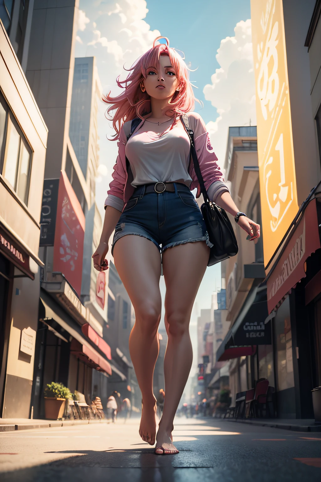 giantess with bare feet walking through the city in an anime style, (best quality,4k,highres),ultra-detailed,realistic:1.37, HDR,vivid colors,portraits, low-angle perspective,walking motion,urban setting,skyscrapers,bustling streets,expressive face,pink hair flowing, amazing details on clothes,rippling muscles,eye-catching background,sunshine illuminating the scene, dynamic lighting and shadows