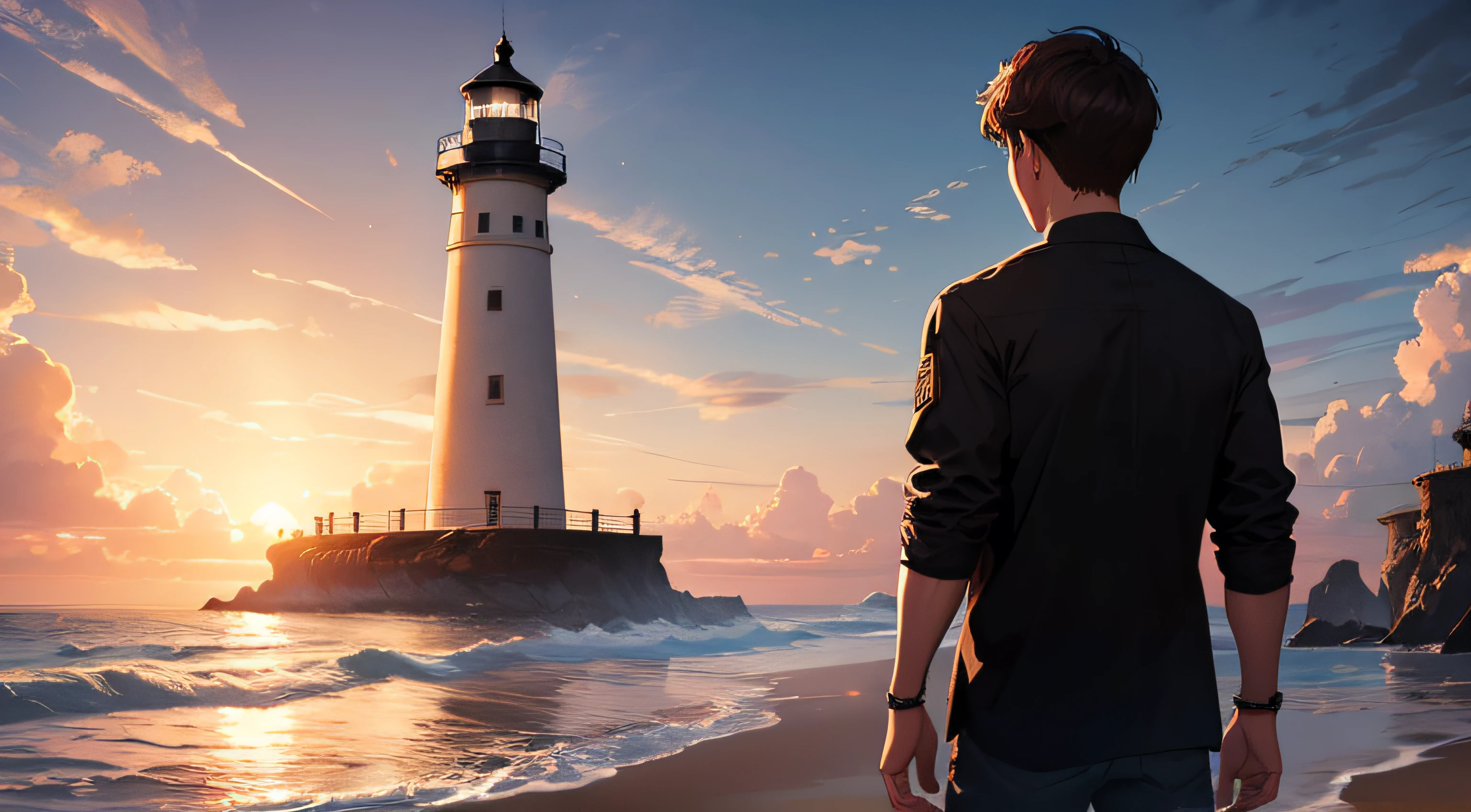 a boy with brown short hair, brown eyes, wearing black shirt, standing outside a lighthouse, staring the high sea, camera from the back, fantasy concept art wallpaper