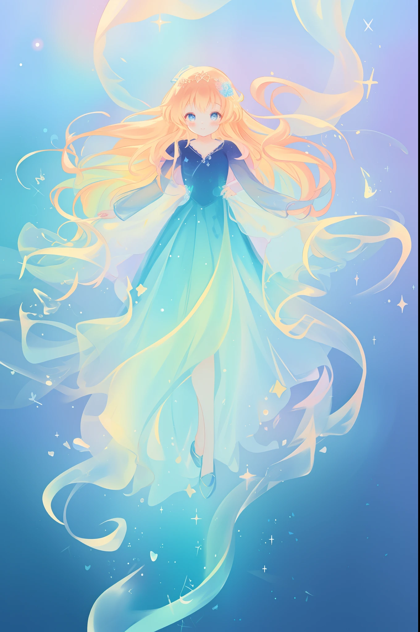 beautiful anime girl in long sleeve princess ballgown made of liquid, vibrant pastel colors, (colorful), glowing golden long hair, magical lights, sparkling liquid light, inspired by Glen Keane, inspired by Lois van Baarle, disney art style, by Lois van Baarle, glowing aura around her, by Glen Keane, jen bartel, glowing lights! digital painting, flowing glowing hair, glowing flowing hair, beautiful digital illustration, fantasia background, whimsical, magical, fantasy, ((beautiful face)), ((masterpiece, best quality)), intricate details, highly detailed, sharp focus, 8k resolution, sparkling detailed eyes, liquid watercolor