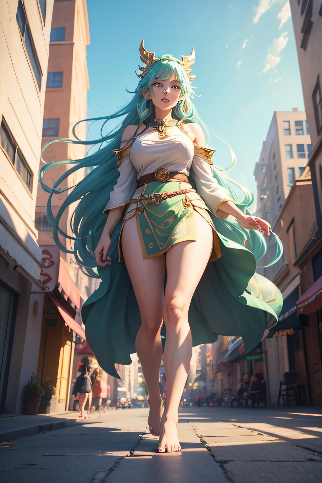 giant goddess barefoot, barefoot goddess walking through the city, anime style, from a low angle, with buildings towering above her, vibrant colors, flowing hair, detailed features, bustling streets, energetic atmosphere, playful expression, joyful mood, sunlight casting long shadows. (best quality, 4k, highres), ultra-detailed, (realistic:1.37), anime style, vivid colors, vibrant lighting