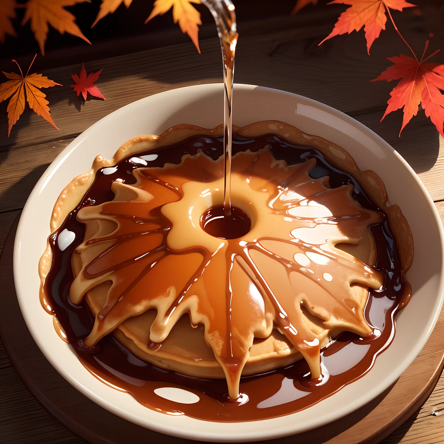 finest image, detailed and delicate depiction, Maple syrup overflowing from a faucet attached to a maple tree, pancake, Maple leaf, autumn leaves