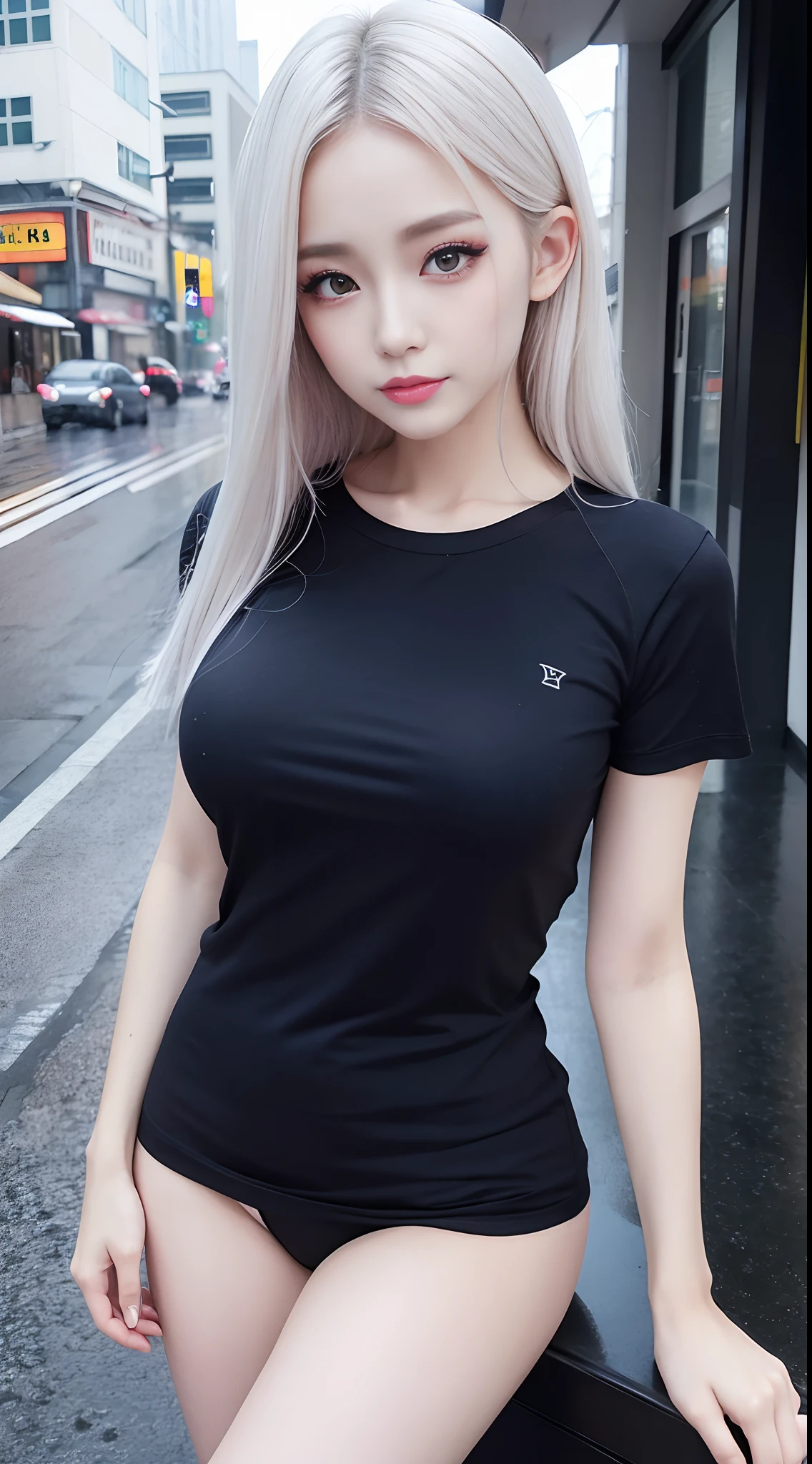 It was raining heavily, Best quality, 4K, 8K, Detailed faces, Beauty girl, Korean makeup,  Kaihuai, Perfect body, Medium breasts, upper legs, Platinum hair, Girl in long t-shirt, T-shirts only, and thigh T-shirts, thin tshirt, T-shirt underwear, streetview,