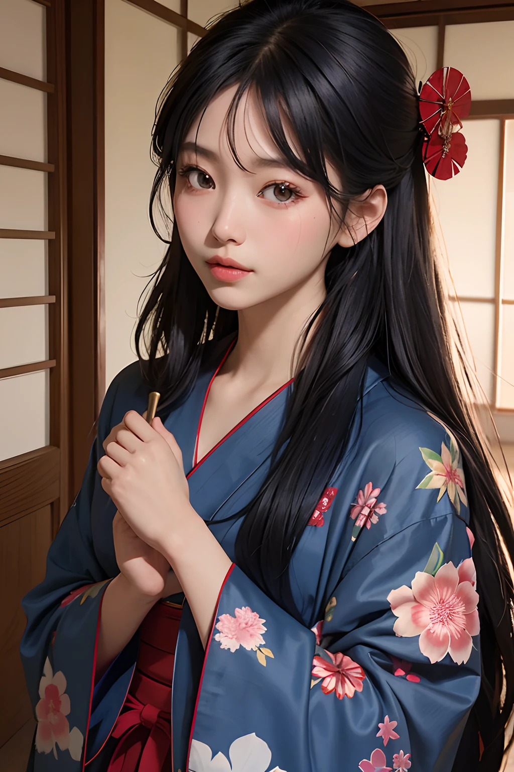 masutepiece, Dark blue long-haired beauty, Absolutely beautiful, Hair Accessories, Wear a simple yukata,bathrobe, red kimono, long eyelashes, Withered petals, Beautiful, Charming, Perfect, superclear, hard disk, Kyoto background, Solo, 1girl in、jpn、