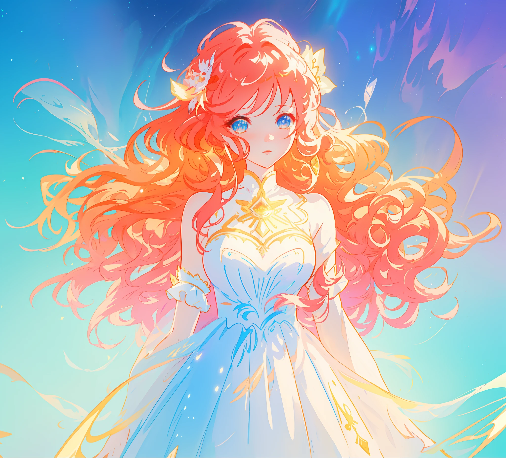beautiful anime girl in white princess ballgown, vibrant pastel colors, (colorful), magical lights, red and gold long wavy curly hair, sparkling lines of light, inspired by Glen Keane, inspired by Lois van Baarle, disney art style, by Lois van Baarle, glowing aura around her, by Glen Keane, jen bartel, glowing lights! digital painting, flowing glowing hair, glowing flowing hair, beautiful digital illustration, fantasia background, whimsical, magical, fantasy, beautiful face, ((masterpiece, best quality)), intricate details, highly detailed, sharp focus, 8k resolution, sparkling detailed eyes, liquid watercolor