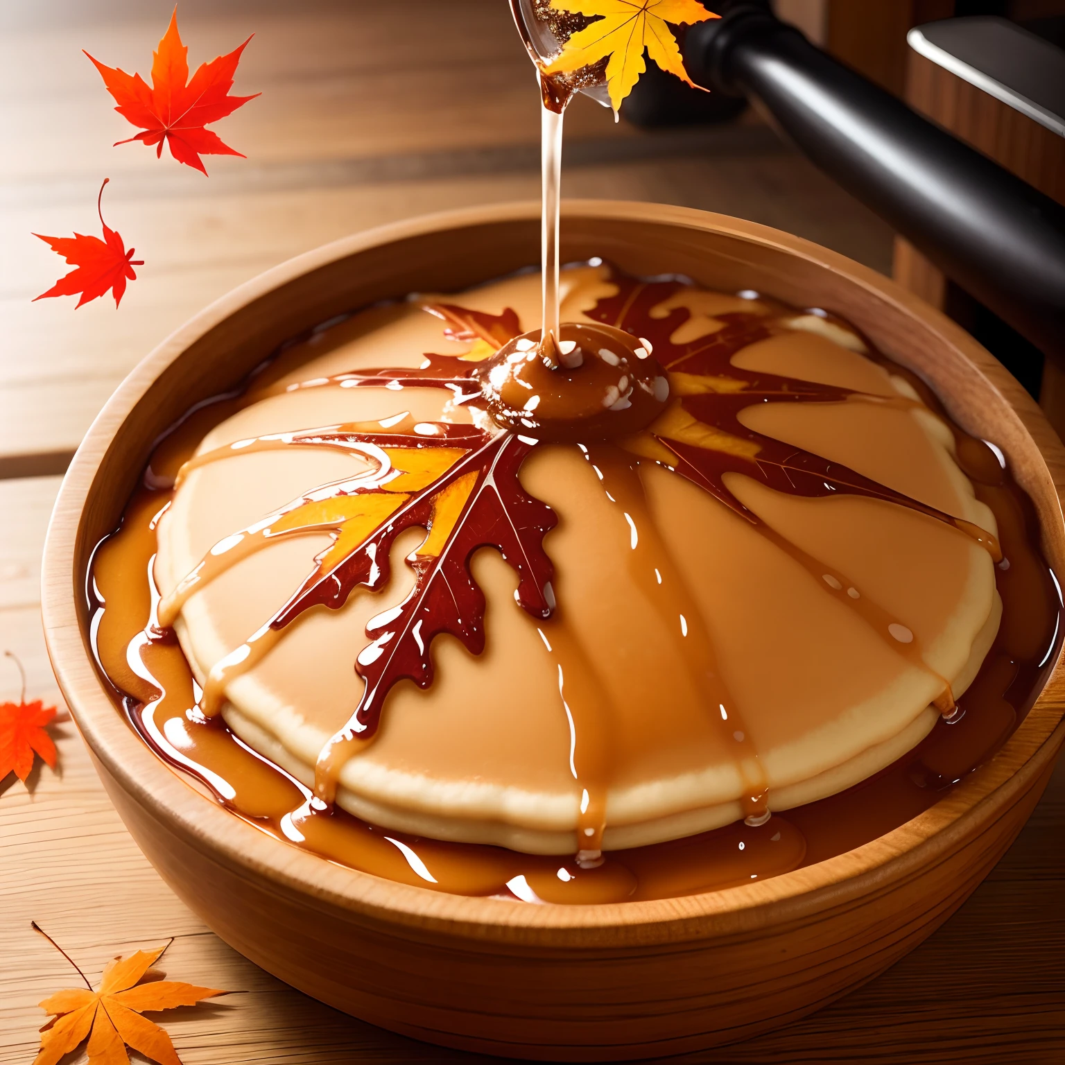 finest image, detailed and delicate depiction, Maple syrup overflowing from a faucet attached to a maple tree, pancake, Maple leaf, autumn leaves
