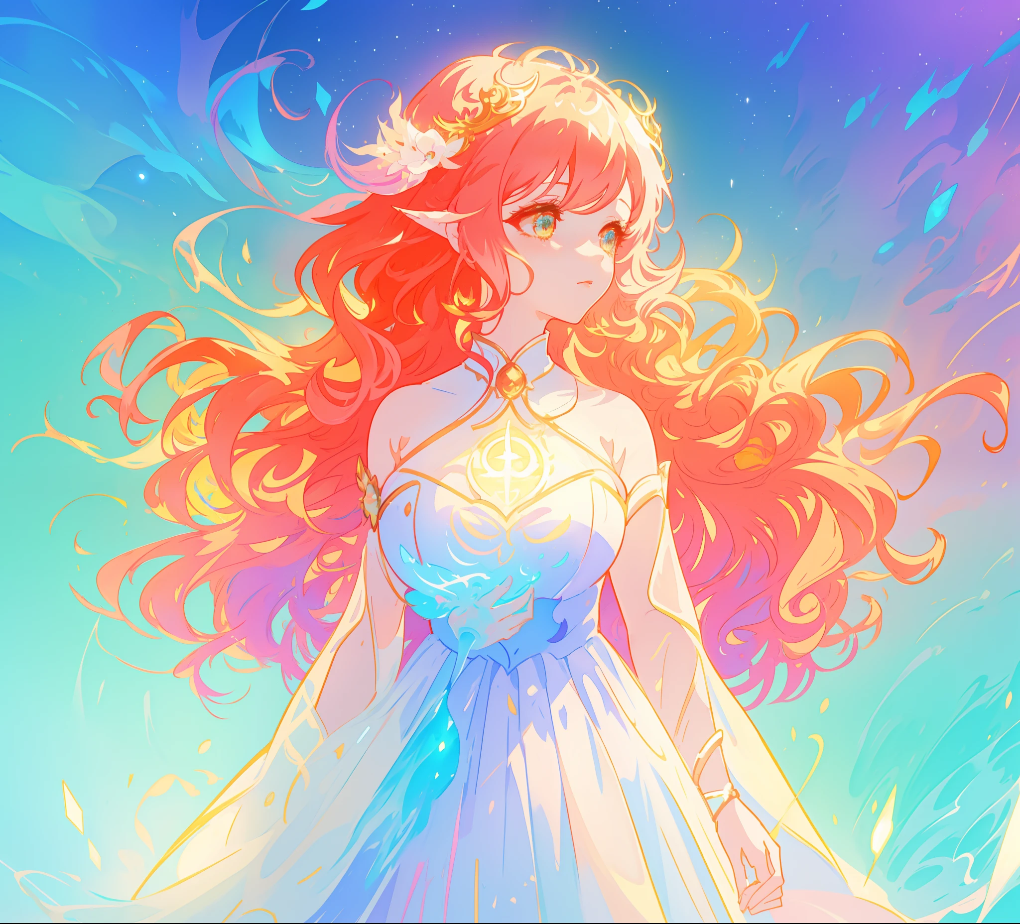 beautiful anime girl in white princess ballgown, vibrant pastel colors, (colorful), magical lights, red and gold long wavy curly hair, sparkling lines of light, inspired by Glen Keane, inspired by Lois van Baarle, disney art style, by Lois van Baarle, glowing aura around her, by Glen Keane, jen bartel, glowing lights! digital painting, flowing glowing hair, glowing flowing hair, beautiful digital illustration, fantasia background, whimsical, magical, fantasy, beautiful face, ((masterpiece, best quality)), intricate details, highly detailed, sharp focus, 8k resolution, sparkling detailed eyes, liquid watercolor