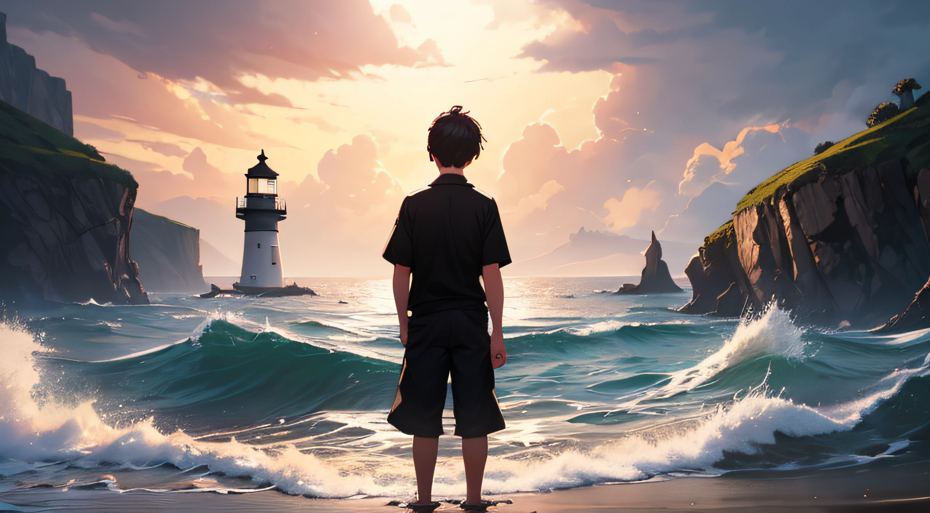 a boy with brown short hair, brown eyes, wearing black shirt, standing outside a lighthouse, staring the high sea, camera from the back, fantasy concept art wallpaper