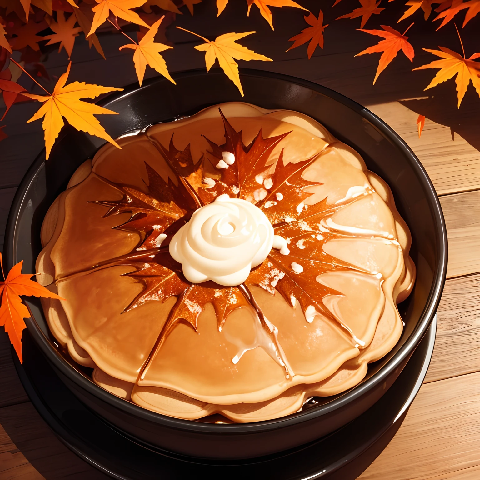 finest image, detailed and delicate depiction, Maple syrup overflowing from a faucet attached to a maple tree, pancake, Maple leaf, autumn leaves