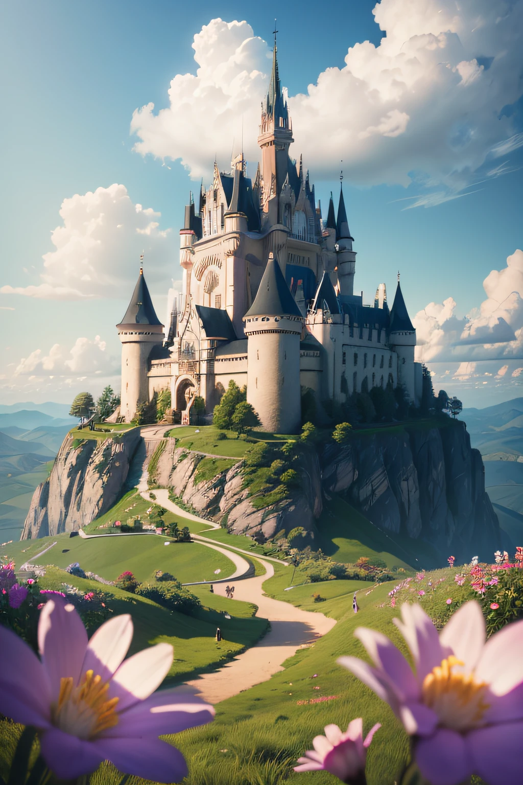 Miggy, castelo, heaven, outdoors, nuvem, Landscape, sem pessoas, flor, Globos, blue skies, heaven. (best quality,4k,8k,highres,masterpiece:1.2),ultra-detailed,(realistic,photorealistic,photo-realistic:1.37),HDR,UHD,studio lighting,ultra-fine painting,sharp focus,physically-based rendering,extreme detail description,professional,vivid colors,bokeh,castles,landscape,blue sky,clouds,flowers,field,peaceful,serene,scenic,nature,beautiful,happy,joyful,bright sunshine,sunny day,carefree,tranquil,blissful,calming,refreshing,ethereal,airy,light and shadow,majestic.
