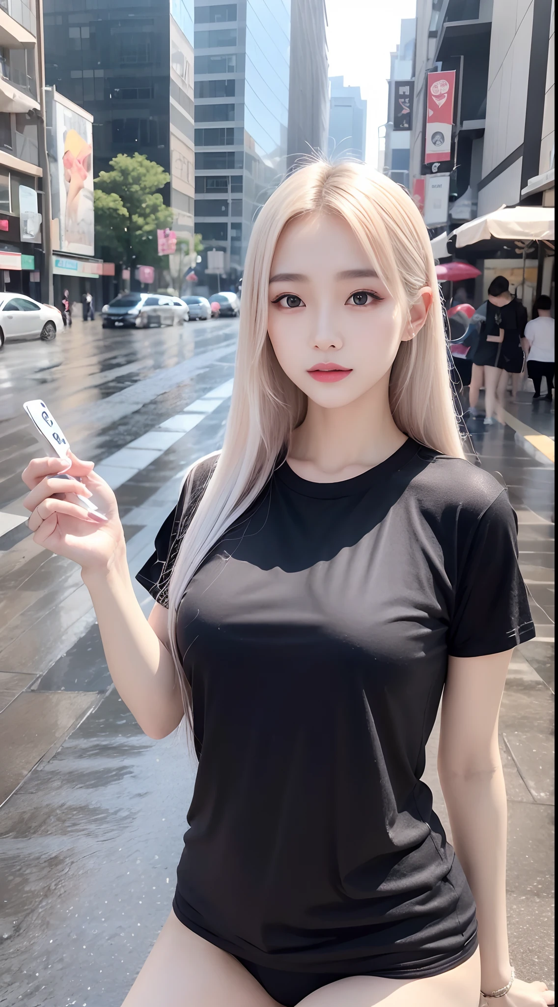 It was raining heavily, Best quality, 4K, 8K, Detailed faces, Beauty girl, Korean makeup, Kaihuai, Perfect body, Medium breasts, upper legs, Platinum hair, Girl in long t-shirt, T-shirts only, and thigh T-shirts, thin tshirt, T-shirt underwear, streetview,