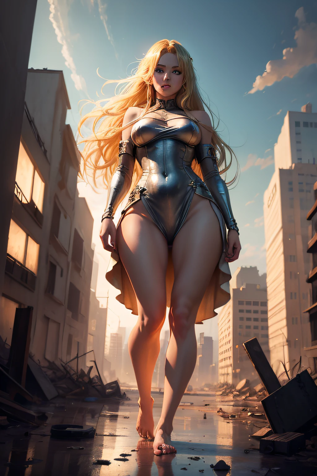 (giant blonde goddess,toppling buildings with bare feet,anime style),oil painting, dramatic lighting,colorful palette