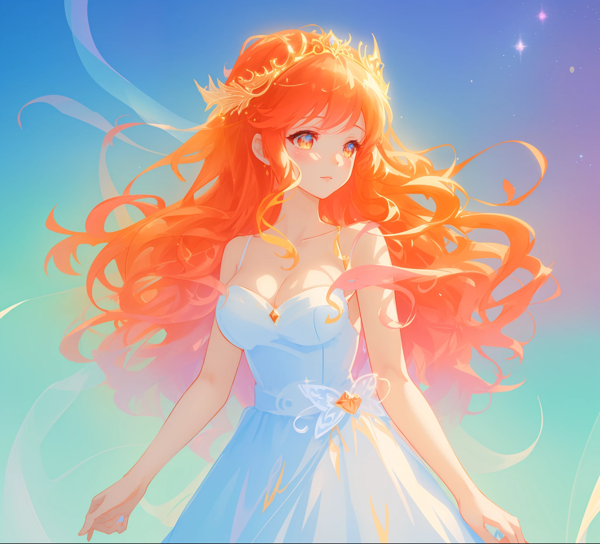 beautiful anime girl in white princess ballgown, vibrant pastel colors, (colorful), magical lights, red and gold long wavy curly hair, sparkling lines of light, inspired by Glen Keane, inspired by Lois van Baarle, disney art style, by Lois van Baarle, glowing aura around her, by Glen Keane, jen bartel, glowing lights! digital painting, flowing glowing hair, glowing flowing hair, beautiful digital illustration, fantasia background, whimsical, magical, fantasy, beautiful face, ((masterpiece, best quality)), intricate details, highly detailed, sharp focus, 8k resolution, sparkling detailed eyes, liquid watercolor