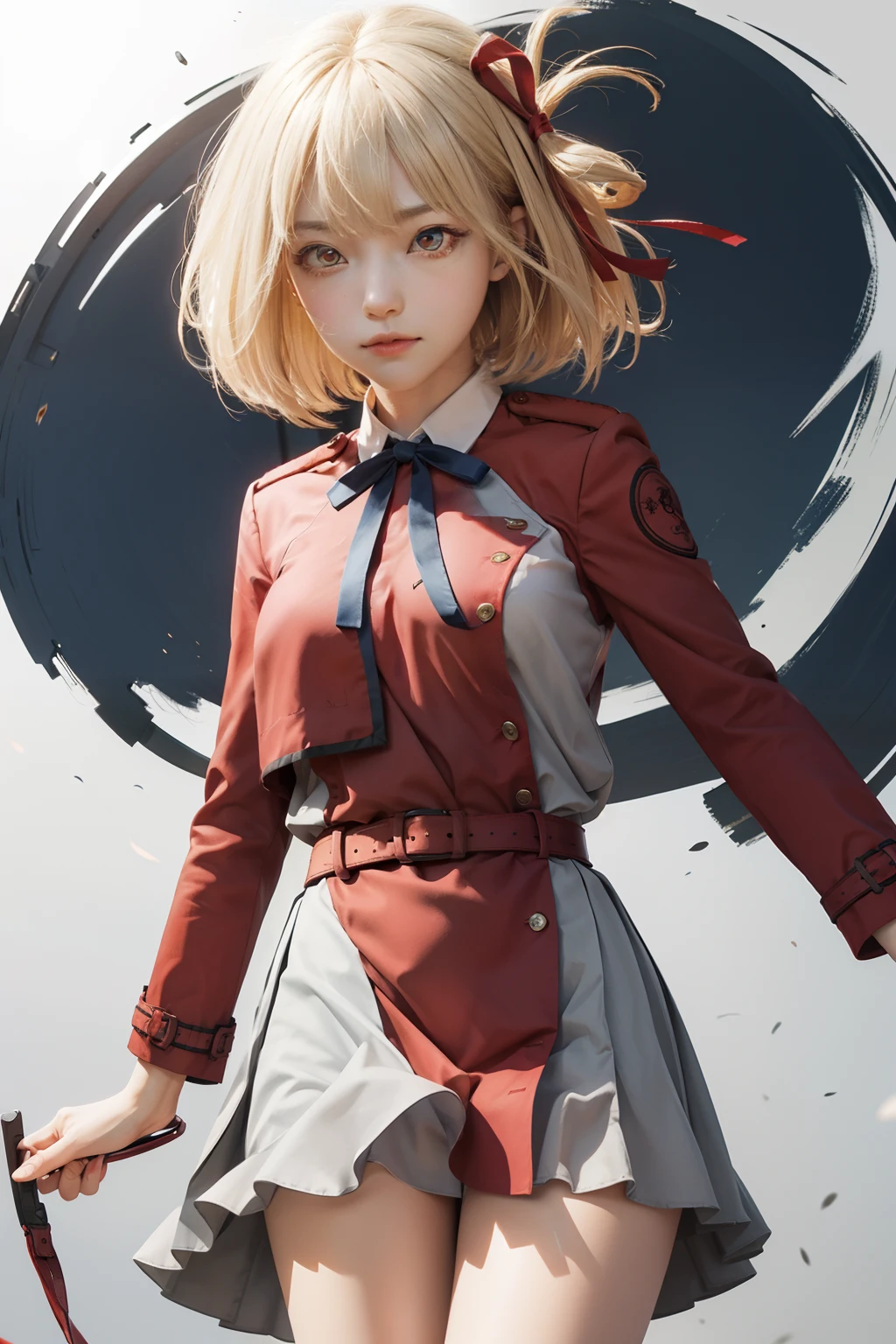 chisatonishikigi, nishikigi chisato, short hair, bangs, blonde hair, (red eyes:1.5), hair ribbon, one side up, bob cut,
BREAK shirt, long sleeves, dress, ribbon, white shirt, collared shirt, belt, neck ribbon, red dress, blue ribbon, pleated dress, grey dress, two-tone dress, red belt, lycoris uniform,,
BREAK outdoors, city,
BREAK looking at viewer, BREAK (masterpiece:1.2), best quality, high resolution, unity 8k wallpaper, (illustration:0.8), (beautiful detailed eyes:1.6), extremely detailed face, perfect lighting, extremely detailed CG, (perfect hands, perfect anatomy),