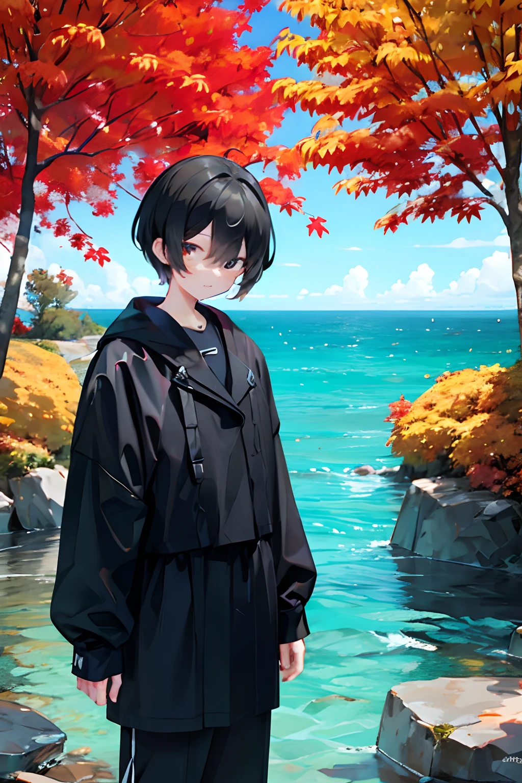 Black haired man in autumn sea and black clothes