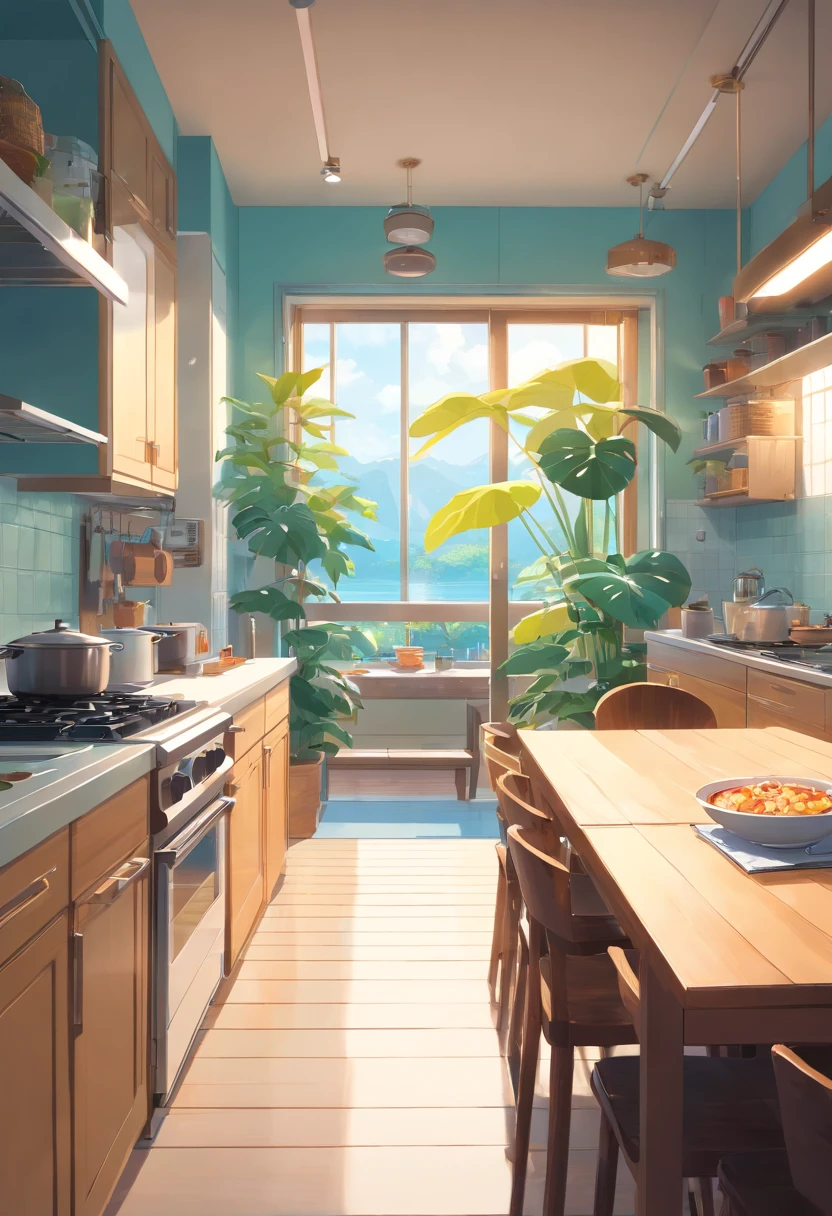 In the bright kitchen,tap、Coffee table minimalist style,hot pot,saucer,In the middle is a large pot of white monstera