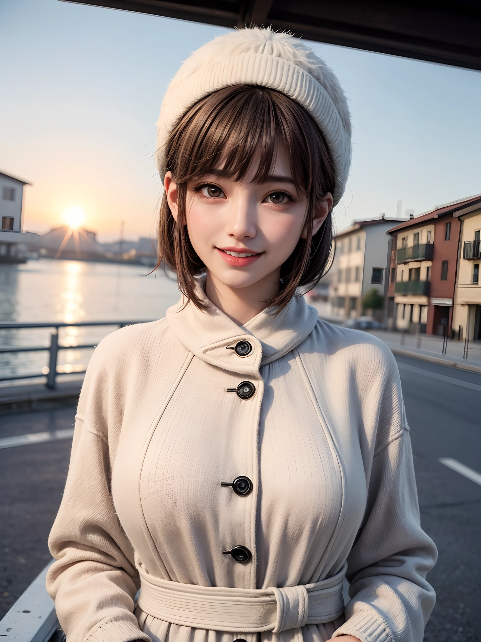 (masterpiece, top-quality、Very attractive adult beauty、Add intense highlights to the eyes),1girl in, 独奏, A dark-haired, scarf, Hats,, realisitic, looking at the viewers, black eyes of light color, shorth hair, coat, Winter clothes, White headscarf, s lips, lipgloss,bangss, The upper part of the body、big eye、Lashes)、((Road system in Italy))、((Shorthair with bangs、big eye、Put very strong highlights in your students、very Bigger breasts、gazing at viewer、Very beautiful beauty、Put your ears out、long neck、little smiling、Beautiful teeth、Open your mouth and smile))、28 year old、Very cute supermodel