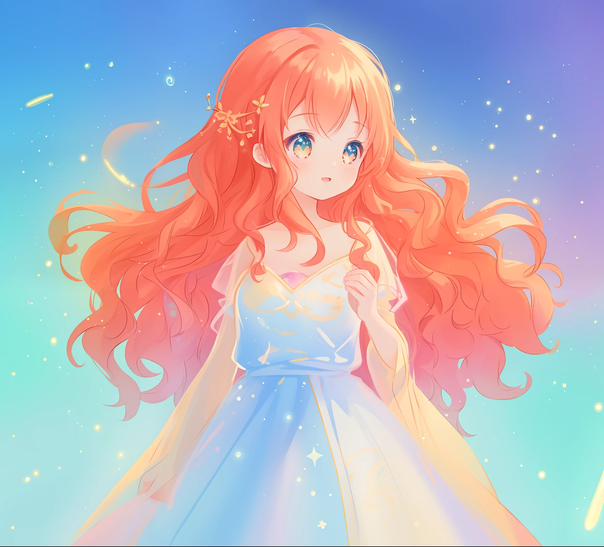 beautiful anime girl in white princess ballgown, vibrant pastel colors, (colorful), magical lights, red and gold long wavy curly hair, sparkling lines of light, inspired by Glen Keane, inspired by Lois van Baarle, disney art style, by Lois van Baarle, glowing aura around her, by Glen Keane, jen bartel, glowing lights! digital painting, flowing glowing hair, glowing flowing hair, beautiful digital illustration, fantasia background, whimsical, magical, fantasy, beautiful face, ((masterpiece, best quality)), intricate details, highly detailed, sharp focus, 8k resolution, sparkling detailed eyes, liquid watercolor