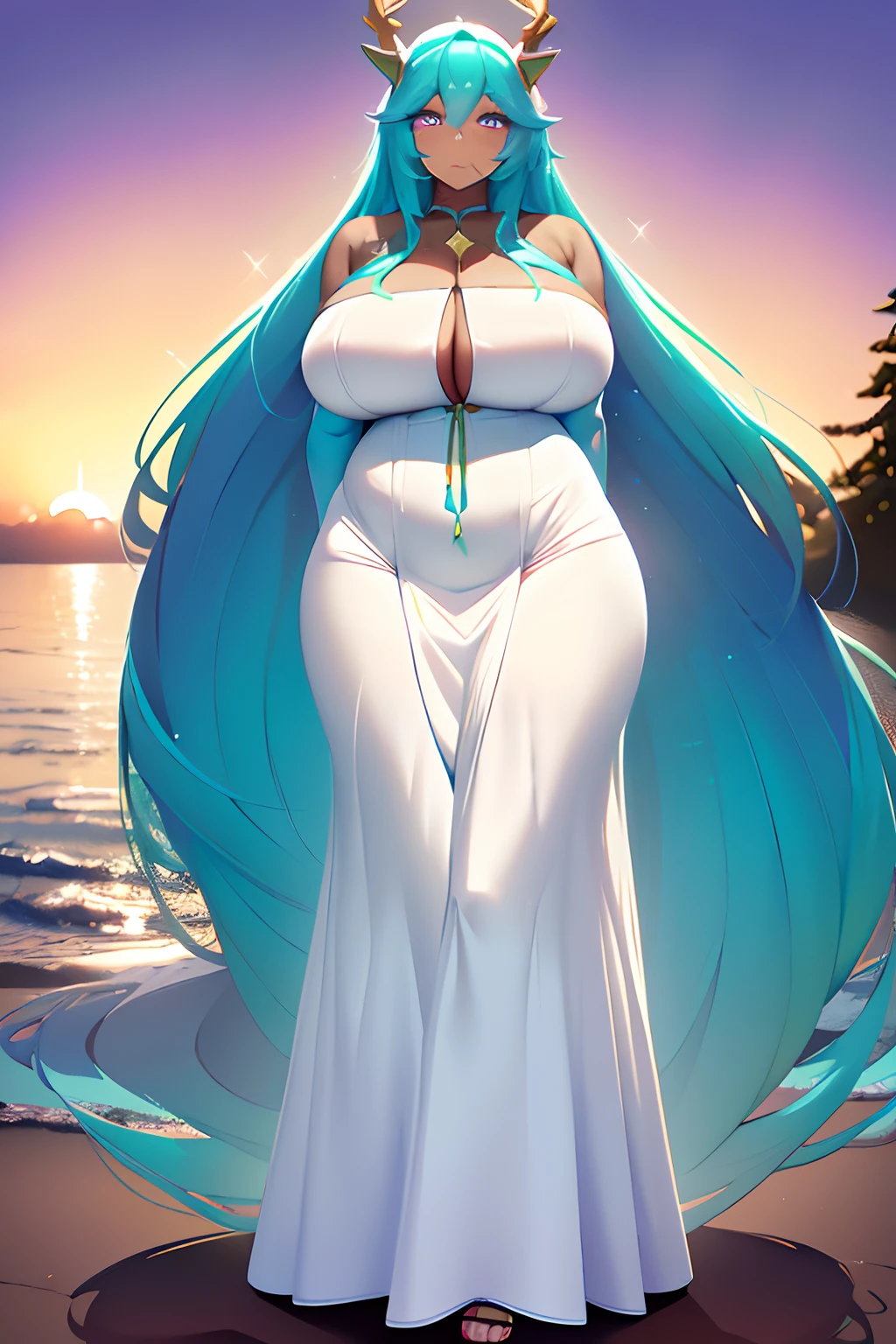 a kind, thicc, voluptuous, goddess, with long full shimmering sea green and blue colored hair, (((shimmering golden sunset colored eyes))), thick red antlers like tree branches, a soft (((cream colored))) long dress, (((dark skin))), lora:Dskin_v1.0:1, (((perfect face))), full body image