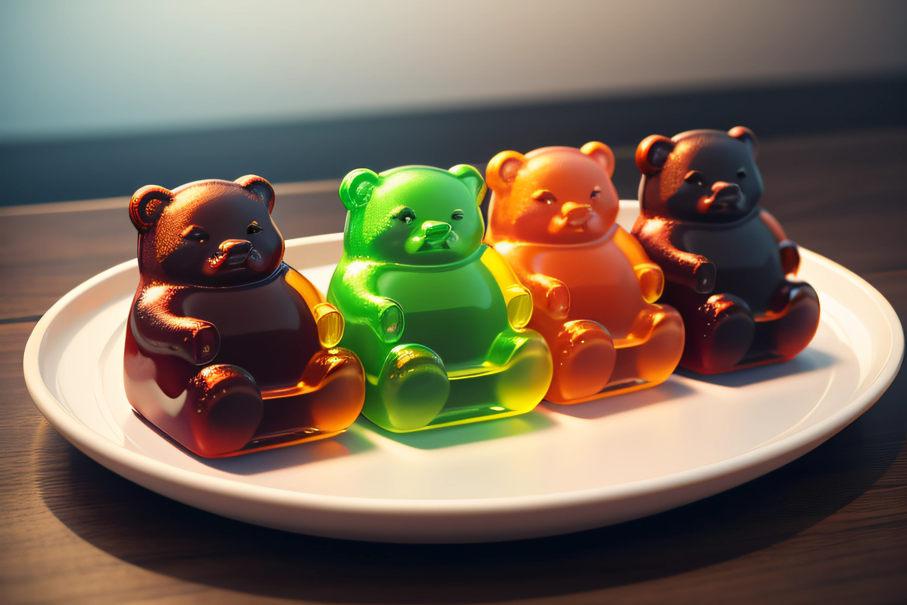 gummy bears of different colors on a tray, blurred background, detailed, realistic, food photo, 8k, high quality.