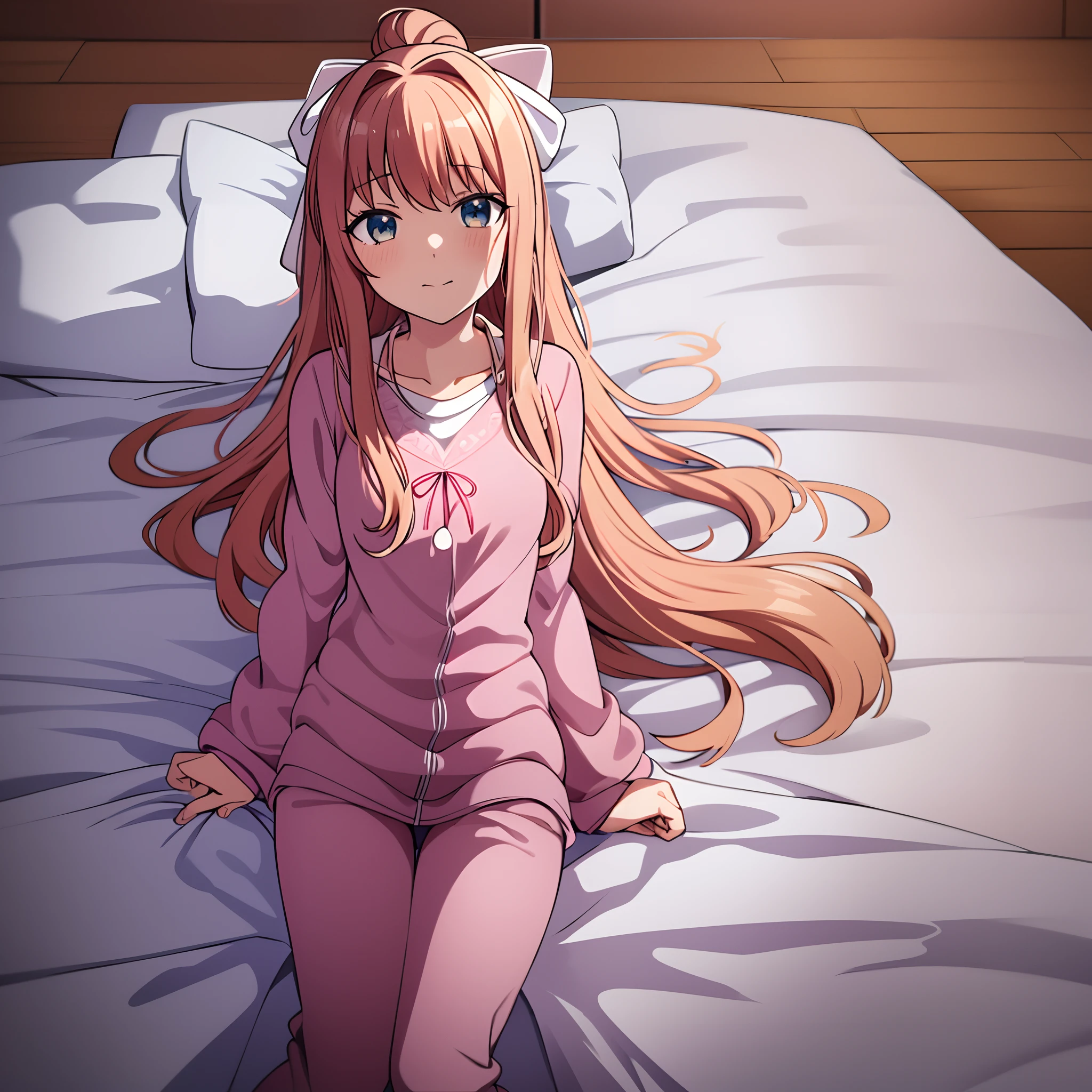 Monika de doki doki literature club, usando um pijama, deitada na cama.