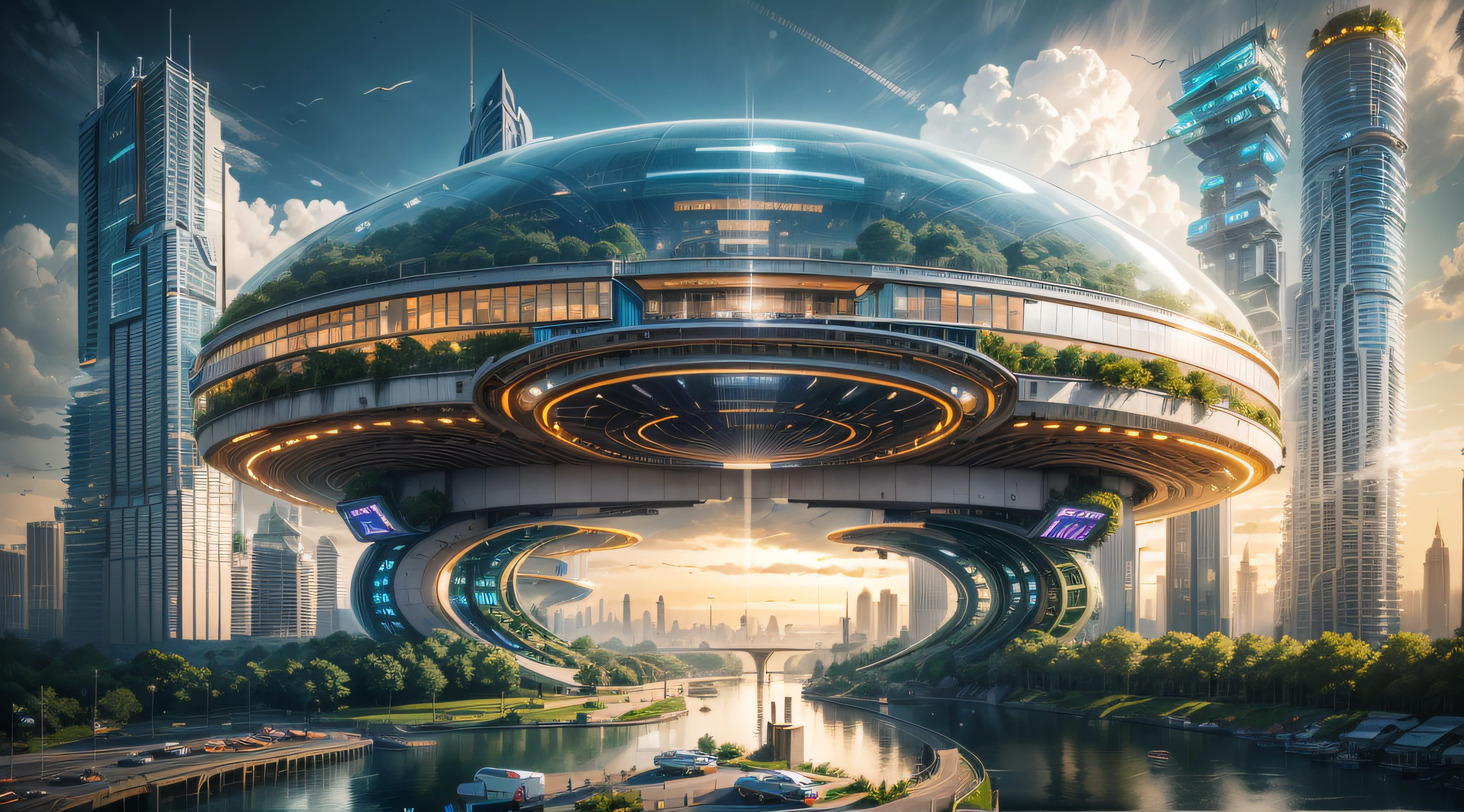 (Best quality,4K,8K,A high resolution,Masterpiece:1.2),Ultra-detailed,(Realistic,Photorealistic,photo-realistic:1.37),Futuristic floating city,Futuristic technology,Huge urban high-tech tablet platform,Airship,Floating in the sky,Futuristic city,Small airships around,High-tech hemispherical platform,Colorful lights,Advanced architecture,modernn architecture,skyscrapper,Access the cloud,Scenic beauty,view over city,Impressive design,Blend seamlessly with nature,energetic and vibrant atmosphere,Futuristic transportation system,Hanging parking,Transparent path,Lush greenery,Sky gardens,cascading waterfalls,Magnificent skyline,reflections on the water,Sparkling river,Architectural innovation,futuristic skyscrapers,Transparent dome,The shape of the building is unusual,Elevated walkway,Impressive skyline,Glowing lights,Futuristic technology,Minimalist design,Scenic spots,Panoramic view,Cloud Piercing Tower,Vibrant colors,epic sunrise,epic sunset,Dazzling light display,magical ambiance,The future city,Urban Utopia,LuxuryLifestyle,Innovative energy,sustainable development,Smart city technology,Advanced infrastructure,Tranquil atmosphere,Nature and technology live in harmony,Awesome cityscape,Unprecedented urban planning,Architecture connects seamlessly with nature,High-tech metropolis,A cutting-edge engineering marvel,The future of urban living,Visionary architectural concept,Energy-efficient buildings,Harmony with the environment,A city floating above the clouds,Utopian dreams become reality,The possibilities are endless,State-of-the-art transportation network,Green energy integration,Innovative materials,Impressive holographic display,Advanced communication system,Breathtaking aerial view,Quiet and peaceful environment,Modernist aesthetics,Ethereal beauty