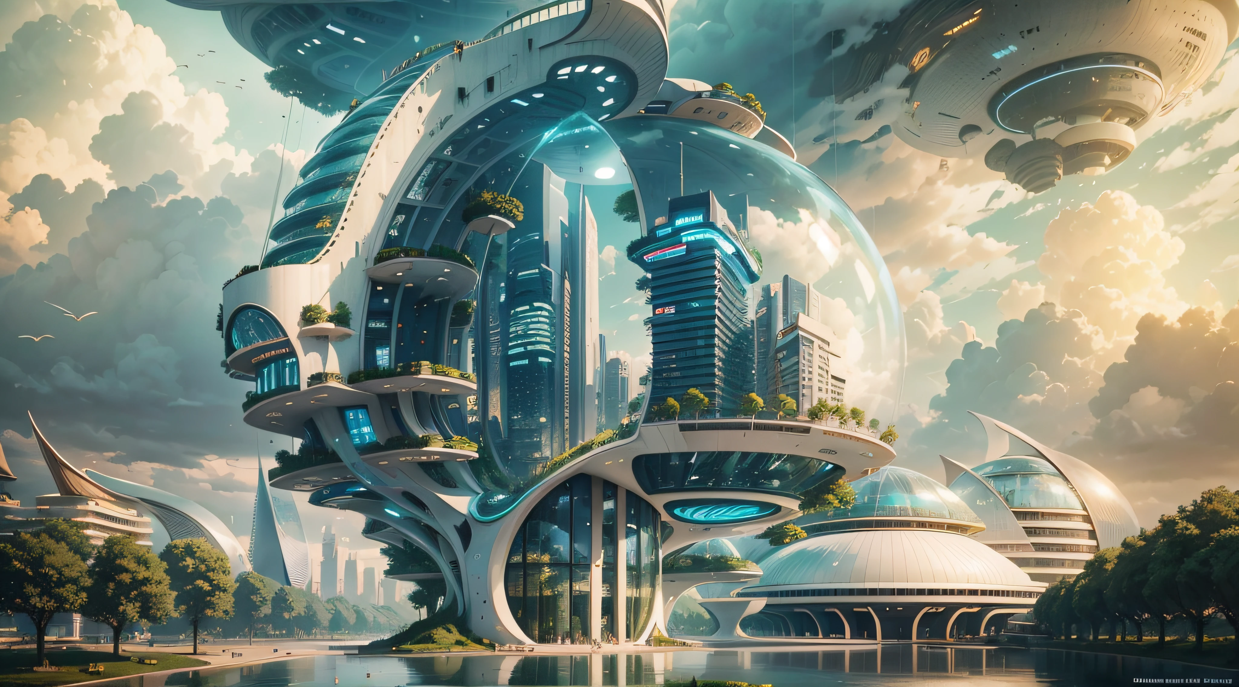 (Best quality,4K,8K,A high resolution,Masterpiece:1.2),Ultra-detailed,(Realistic,Photorealistic,photo-realistic:1.37),Futuristic floating city,Futuristic technology,Huge urban high-tech tablet platform,Airship,Floating in the sky,Futuristic city,Small airships around,High-tech hemispherical platform,Colorful lights,Advanced architecture,modernn architecture,skyscrapper,Access the cloud,Scenic beauty,view over city,Impressive design,Blend seamlessly with nature,energetic and vibrant atmosphere,Futuristic transportation system,Parking is suspended,Transparent path,Lush greenery,Sky gardens,cascading waterfalls,Magnificent skyline,reflections on the water,Sparkling river,Architectural innovation,futuristic skyscrapers,Transparent dome,The shape of the building is unusual,Elevated walkway,Impressive skyline,Glowing lights,Futuristic technology,Minimalist design,Scenic spots,Panoramic view,Cloud Piercing Tower,Vibrant colors,epic sunrise,epic sunset,Dazzling light display,magical ambiance,The future city,Urban Utopia,LuxuryLifestyle,Innovative energy,sustainable development,Smart city technology,Advanced infrastructure,Tranquil atmosphere,Nature and technology live in harmony,Awesome cityscape,Unprecedented urban planning,Architecture connects seamlessly with nature,High-tech metropolis,A cutting-edge engineering marvel,The future of urban living,Visionary architectural concept,Energy-efficient buildings,Harmony with the environment,A city floating above the clouds,Utopian dreams become reality,The possibilities are endless,State-of-the-art transportation network,Green energy integration,Innovative materials,Impressive holographic display,Advanced communication system,Breathtaking aerial view,Quiet and peaceful environment,Modernist aesthetics,Ethereal beauty