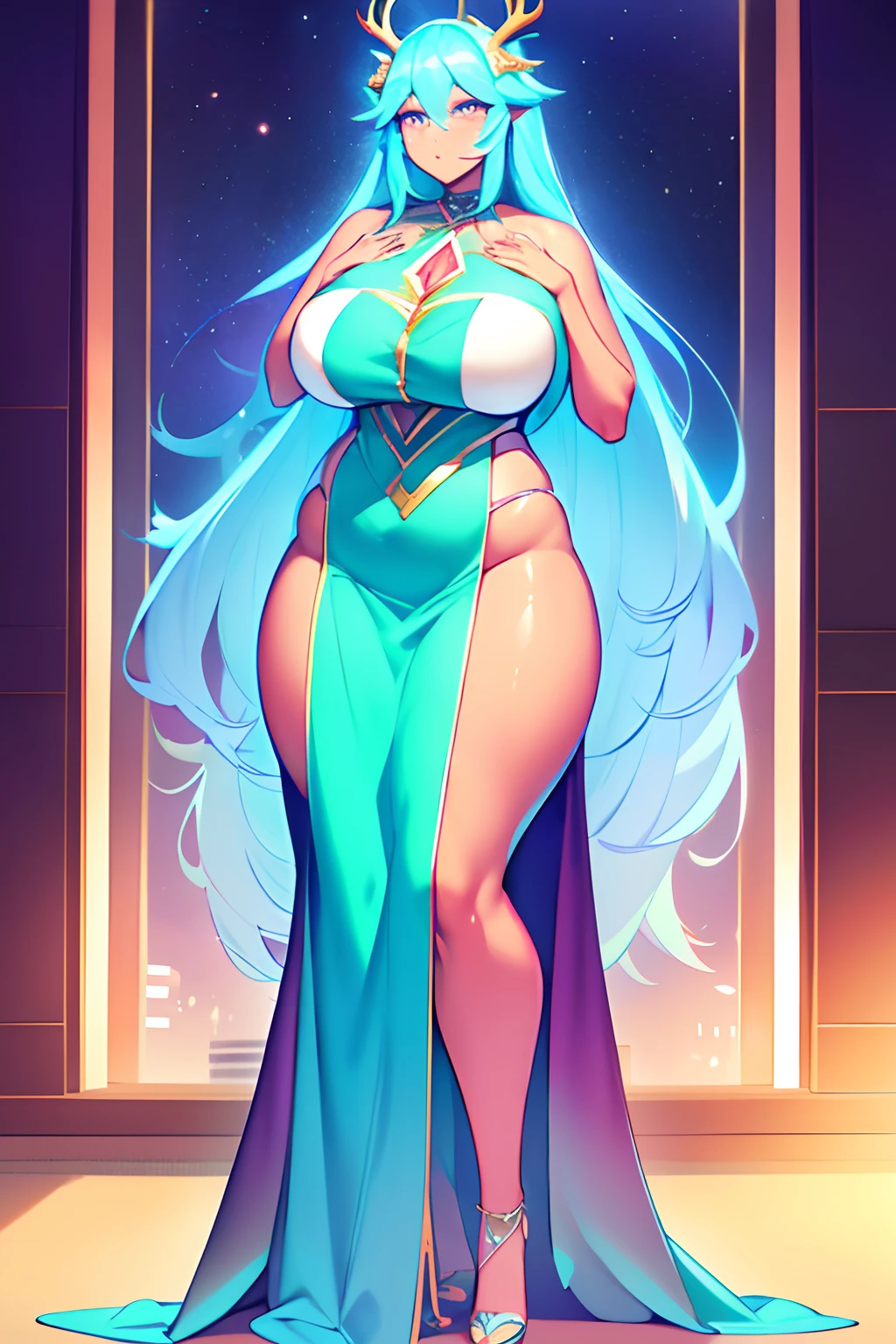 a kind, thicc, voluptuous, goddess, with long full shimmering sea green and blue colored hair, (((shimmering golden sunset colored eyes))), thick red antlers like tree branches, a soft (((cream colored))) long dress, (((dark skin))), lora:Dskin_v1.0:1, (((perfect face))), full body image