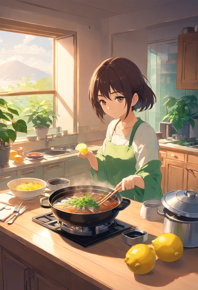 In the bright kitchen,tap、The dining table is minimalist in style,(hot pot:1.2),saucer,lemons,In the middle is a large pot of white monstera