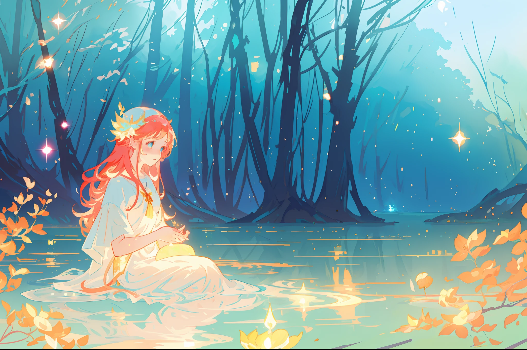beautiful girl sitting in the water, beautiful anime girl in simple flowing white dress, vibrant pastel colors, (colorful), magical lights, long red hair, sparkling lights, fairy lights, inspired by Glen Keane, inspired by Lois van Baarle, disney art style, by Lois van Baarle, glowing aura around her, by Glen Keane, jen bartel, glowing lights! digital painting, flowing glowing hair, glowing flowing hair, beautiful digital illustration, whimsical, magical, fantasy, beautiful face, ((masterpiece, best quality)), intricate details, highly detailed, sharp focus, 8k resolution, sparkling detailed eyes, liquid watercolor, forest landscape