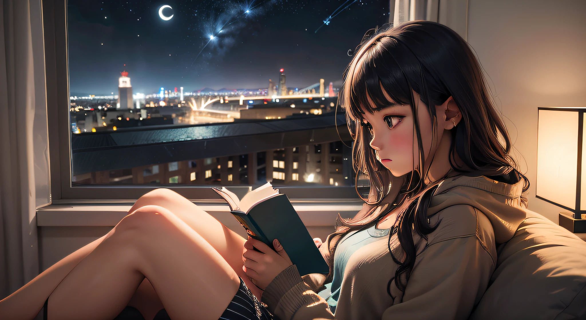 there is a beautiful young woman laying on a moon with a book shelf, sitting on a moon, in the moon, kid lit, themed on the stars and moon, sous la pleine lune, on the moon, absolutely outstanding image, imaginative!!, dreamy night, looking at the moon, to the moon, reading nook, girl in space, by Anna Haifisch, (Masterpiece:1.3), (best quality:1.3),