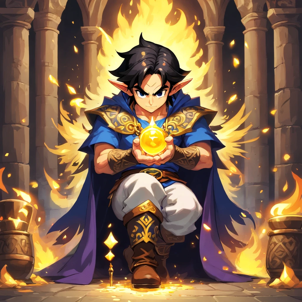 pixelart alquimista tons_homem branco, barba, Black Hair Holding Potion Smoke_amarelo escuro bonito moderno