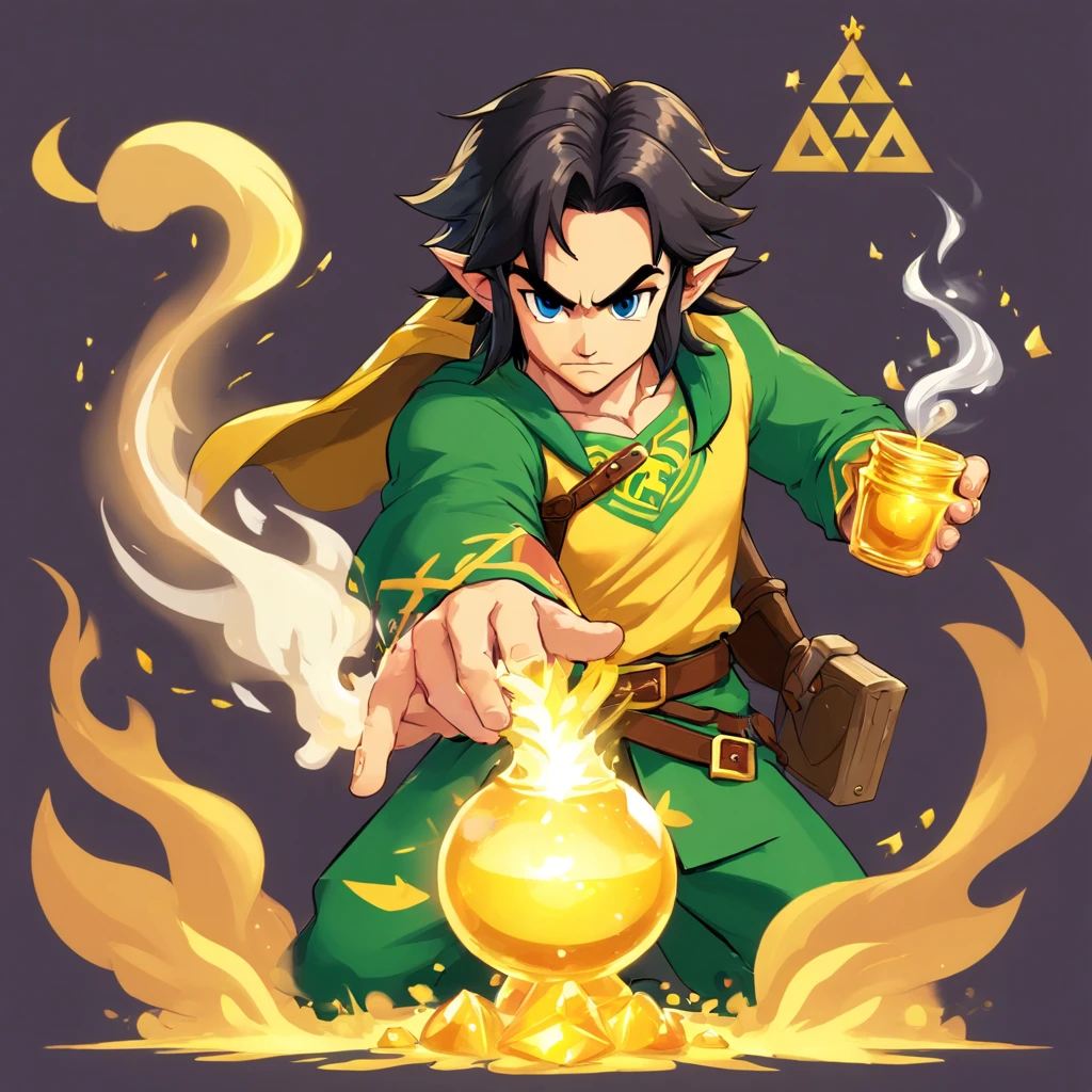 pixelart alquimista tons_homem branco, barba, Black Hair Holding Potion Smoke_amarelo escuro bonito moderno