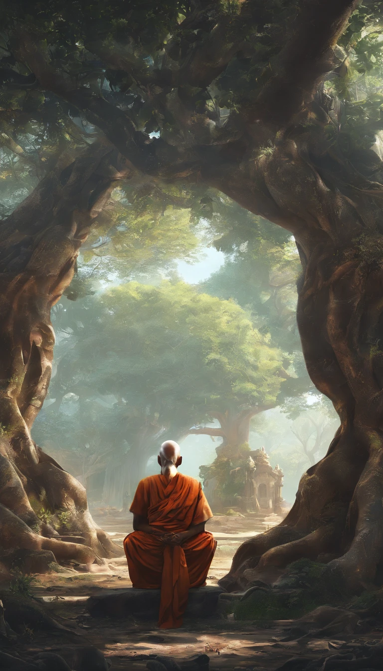 An old monk sits under a banyan tree ,Extremely old monk,(Pray in a lotus pose),Buddhist monk meditation, (up front view),front angle,Big light,hindu,Beautiful image,epic cinematic shot,Ultra photo realsisim,8K