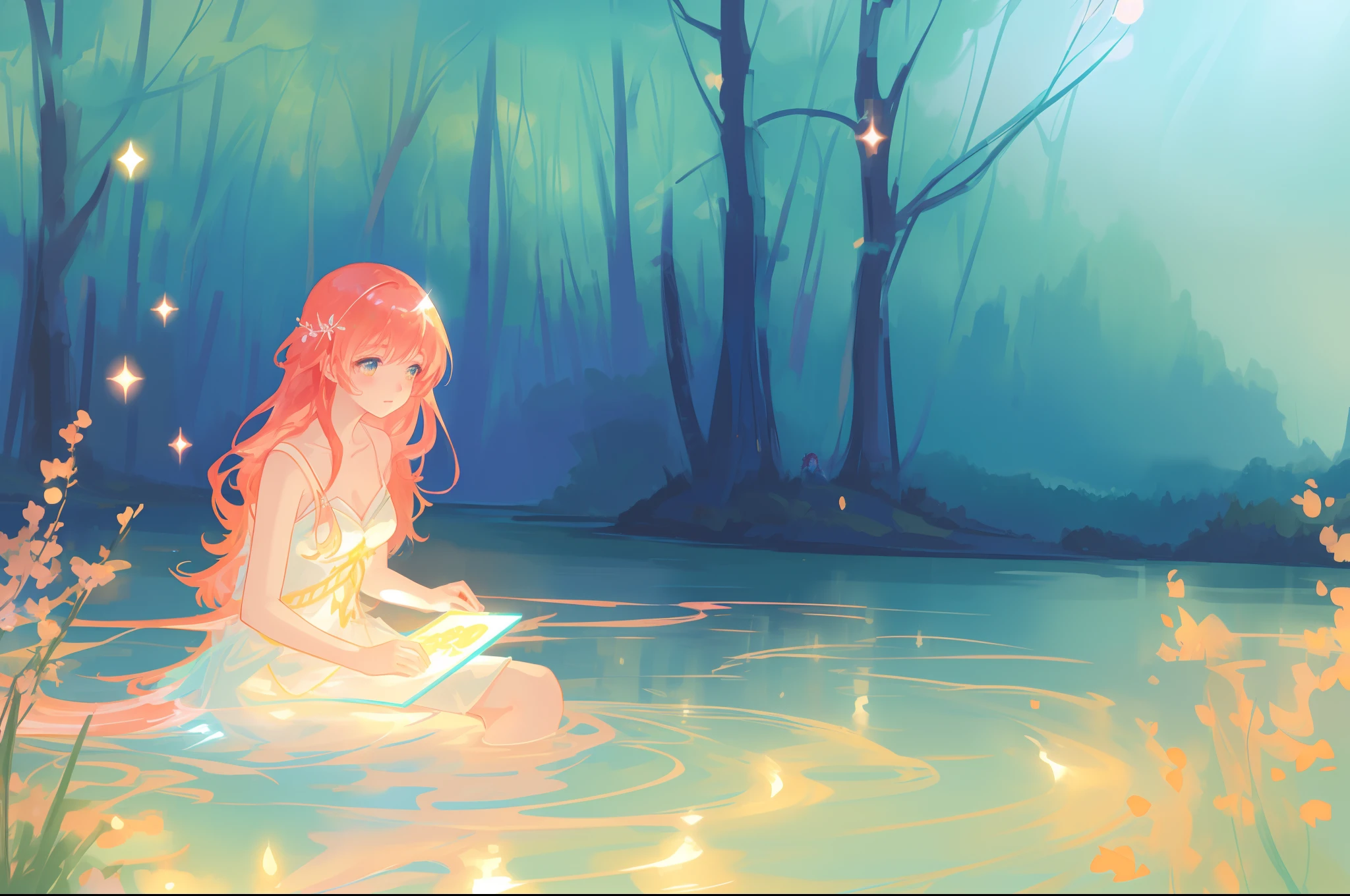 beautiful girl sitting in the water, beautiful anime girl in simple flowing white dress, vibrant pastel colors, (colorful), magical lights, long red hair, sparkling lights, fairy lights, inspired by Glen Keane, inspired by Lois van Baarle, disney art style, by Lois van Baarle, glowing aura around her, by Glen Keane, jen bartel, glowing lights! digital painting, flowing glowing hair, glowing flowing hair, beautiful digital illustration, whimsical, magical, fantasy, beautiful face, ((masterpiece, best quality)), intricate details, highly detailed, sharp focus, 8k resolution, sparkling detailed eyes, liquid watercolor, forest landscape