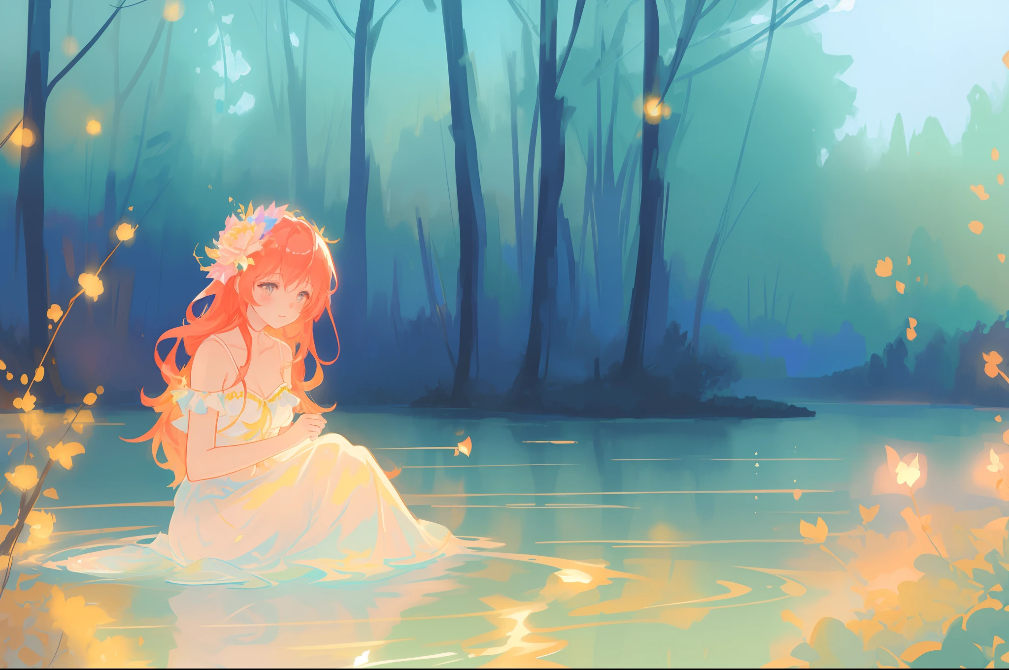 beautiful girl sitting in the water, beautiful anime girl in simple flowing white dress, vibrant pastel colors, (colorful), magical lights, long red hair, sparkling lights, fairy lights, inspired by Glen Keane, inspired by Lois van Baarle, disney art style, by Lois van Baarle, glowing aura around her, by Glen Keane, jen bartel, glowing lights! digital painting, flowing glowing hair, glowing flowing hair, beautiful digital illustration, whimsical, magical, fantasy, beautiful face, ((masterpiece, best quality)), intricate details, highly detailed, sharp focus, 8k resolution, sparkling detailed eyes, liquid watercolor, forest landscape