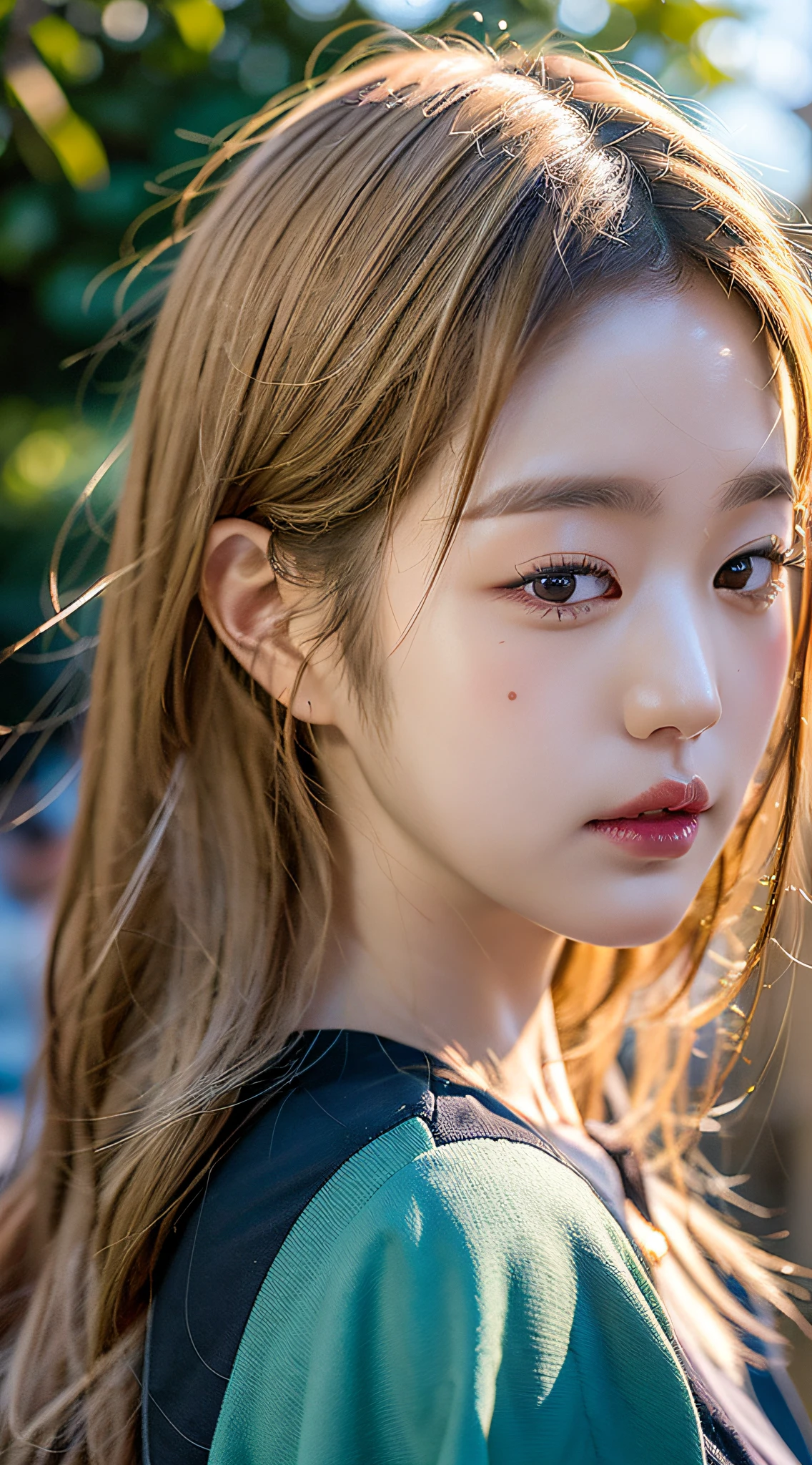 Best Quality, Masterpiece, Ultra High Resolution, (Realistic: 1.4), Original Photo, Head Photo, Skin, Simple Background, Black Eyes, blonde hair, Detail, Selfie, 1 Girl, Red, Breeze, Sunshine, Garden, Quiet, Enjoy, Golden Hour