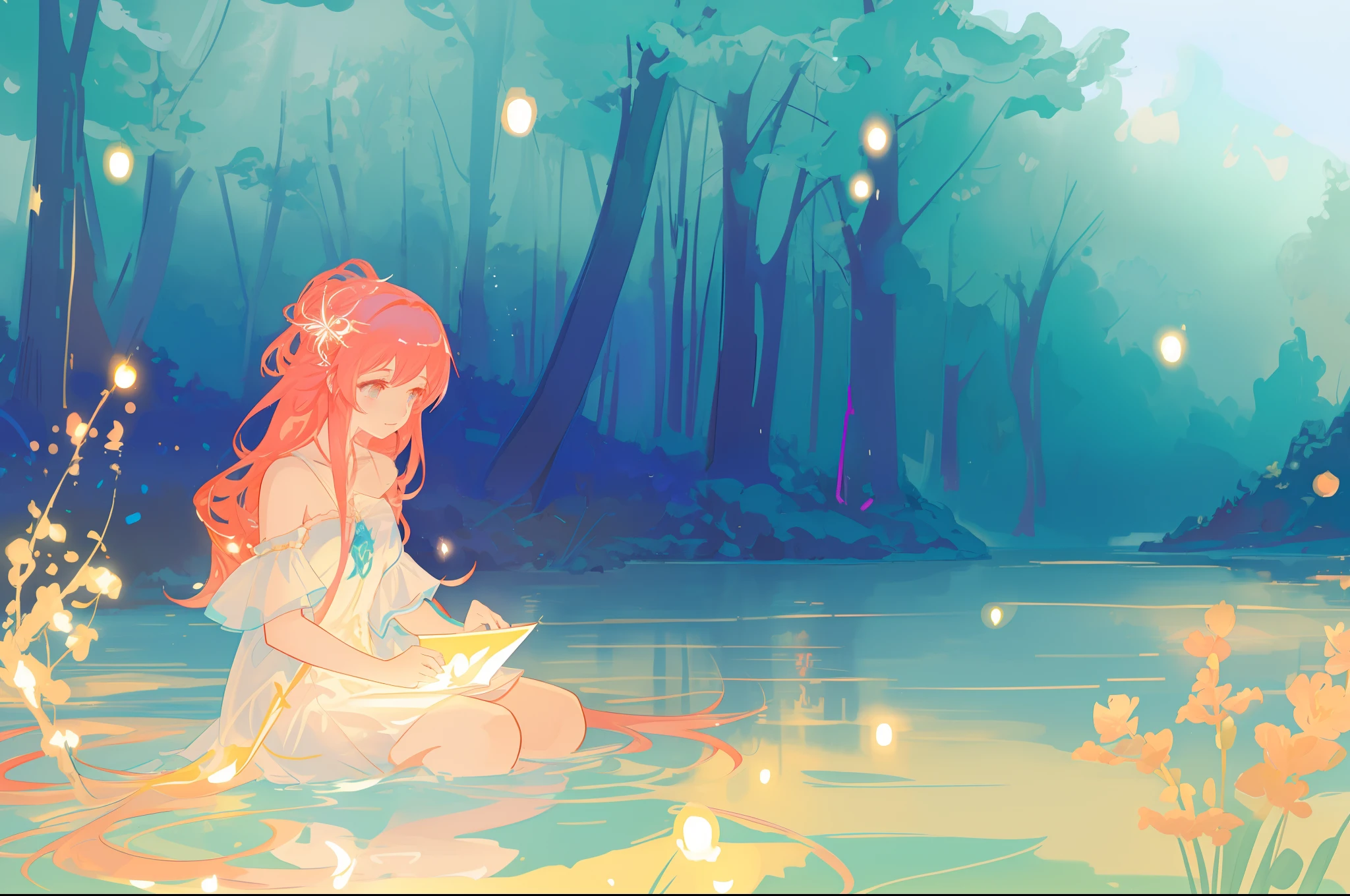 beautiful girl sitting in the water, beautiful anime girl in simple flowing white dress, vibrant pastel colors, (colorful), magical lights, long red hair, sparkling lights, fairy lights, inspired by Glen Keane, inspired by Lois van Baarle, disney art style, by Lois van Baarle, glowing aura around her, by Glen Keane, jen bartel, glowing lights! digital painting, flowing glowing hair, glowing flowing hair, beautiful digital illustration, whimsical, magical, fantasy, beautiful face, ((masterpiece, best quality)), intricate details, highly detailed, sharp focus, 8k resolution, sparkling detailed eyes, liquid watercolor, forest landscape