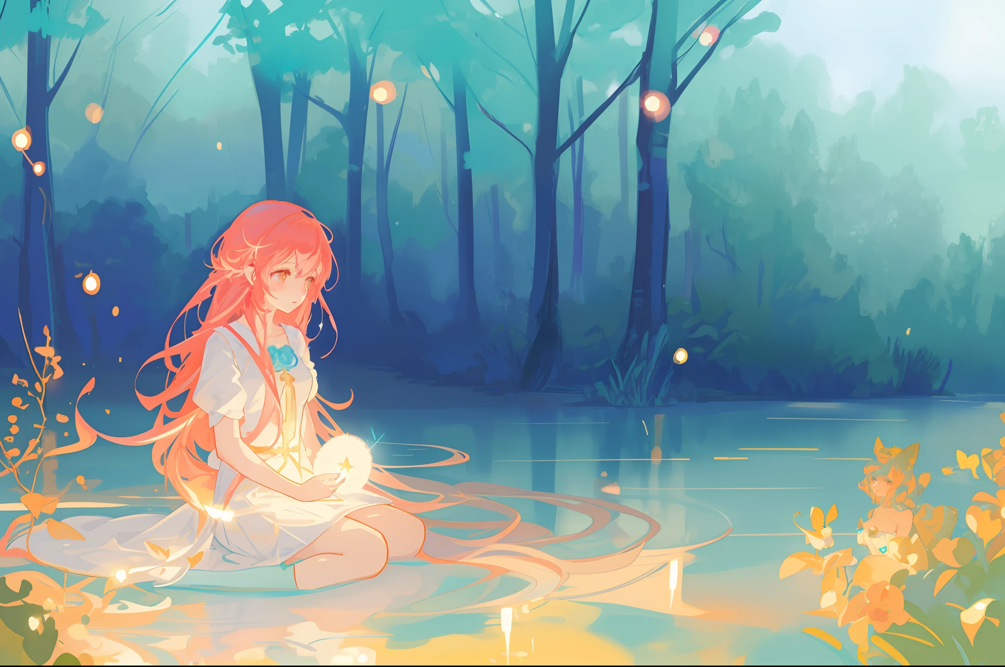 beautiful girl sitting in the water, beautiful anime girl in simple flowing white dress, vibrant pastel colors, (colorful), magical lights, long red hair, sparkling lights, fairy lights, inspired by Glen Keane, inspired by Lois van Baarle, disney art style, by Lois van Baarle, glowing aura around her, by Glen Keane, jen bartel, glowing lights! digital painting, flowing glowing hair, glowing flowing hair, beautiful digital illustration, whimsical, magical, fantasy, beautiful face, ((masterpiece, best quality)), intricate details, highly detailed, sharp focus, 8k resolution, sparkling detailed eyes, liquid watercolor, forest landscape