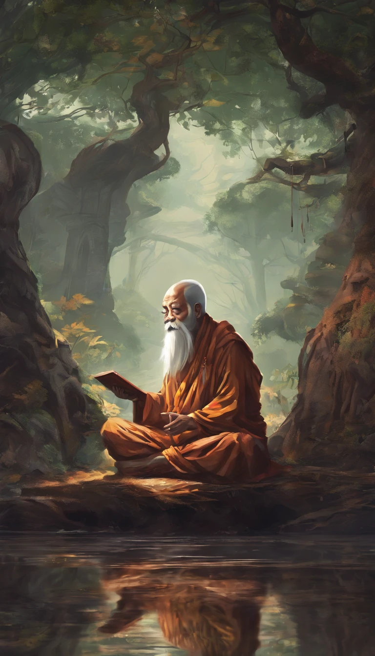 An old monk sits under a banyan tree ,Extremely old monk,(Pray in a lotus pose),Buddhist monk meditation, (up front view),front angle,Big light,hindu,Beautiful image,epic cinematic shot,Ultra photo realsisim,8K