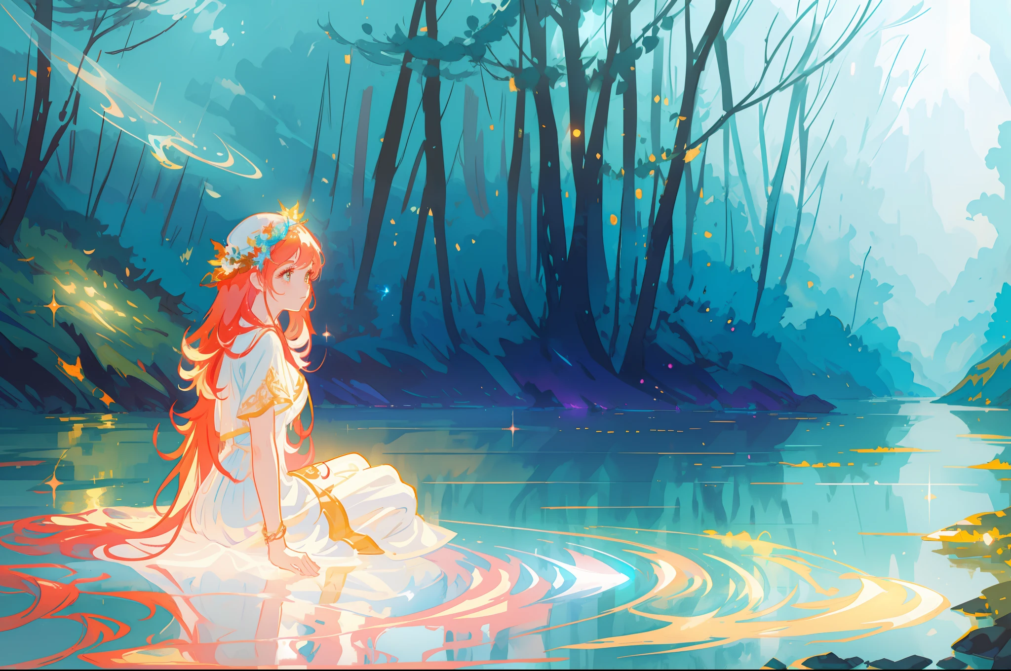 beautiful girl sitting in the water , beautiful girl in white dress, vibrant pastel colors, (colorful), magical lights, long red hair , sparkling lights, fairy lights, inspired by Glen Keane, inspired by Lois van Baarle, disney art style, by Lois van Baarle, glowing aura around her, by Glen Keane, jen bartel, glowing lights! digital painting, flowing glowing hair, glowing flowing hair, beautiful digital illustration, whimsical, magical, fantasy, beautiful face, ((masterpiece, best quality)), intricate details, highly detailed, sharp focus, 8k resolution, sparkling detailed eyes, liquid watercolor, forest landscape background