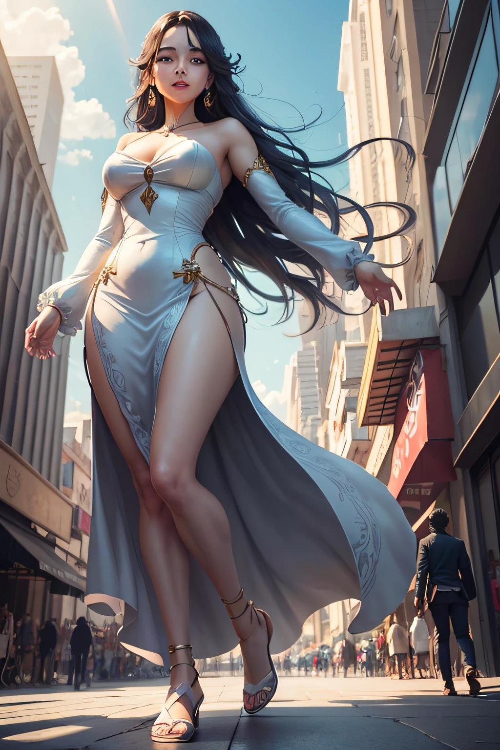 Giant goddess with bare feet seen from below walking around the city in anime style, melhor qualidade, ultra-detalhado, Realistic, cores vibrantes, luzes brilhantes, ruas movimentadas, towering skyscrapers, Design de personagens inspirado em anime, dinamic poses, flowing hair, fundo brilhante e animado, Manga-style cityscape, cinematic atmospheric, perspectiva intensa, Confident and graceful expression, magical ambiance, profundidade imersiva, high-resolution, arte magistral, fantasia urbana, visuais atraentes, efeitos visuais impressionantes, cores vibrantes e saturadas, luz solar radiante, bustling crowd, energia viva, sombras realistas, detalhes intrincados, Emphasis on Architecture, traje elegante e elegante, sorriso encantador, Aura encantadora, dynamic lighting, paisagens extravagantes, intricate patterns, Aura cativante.